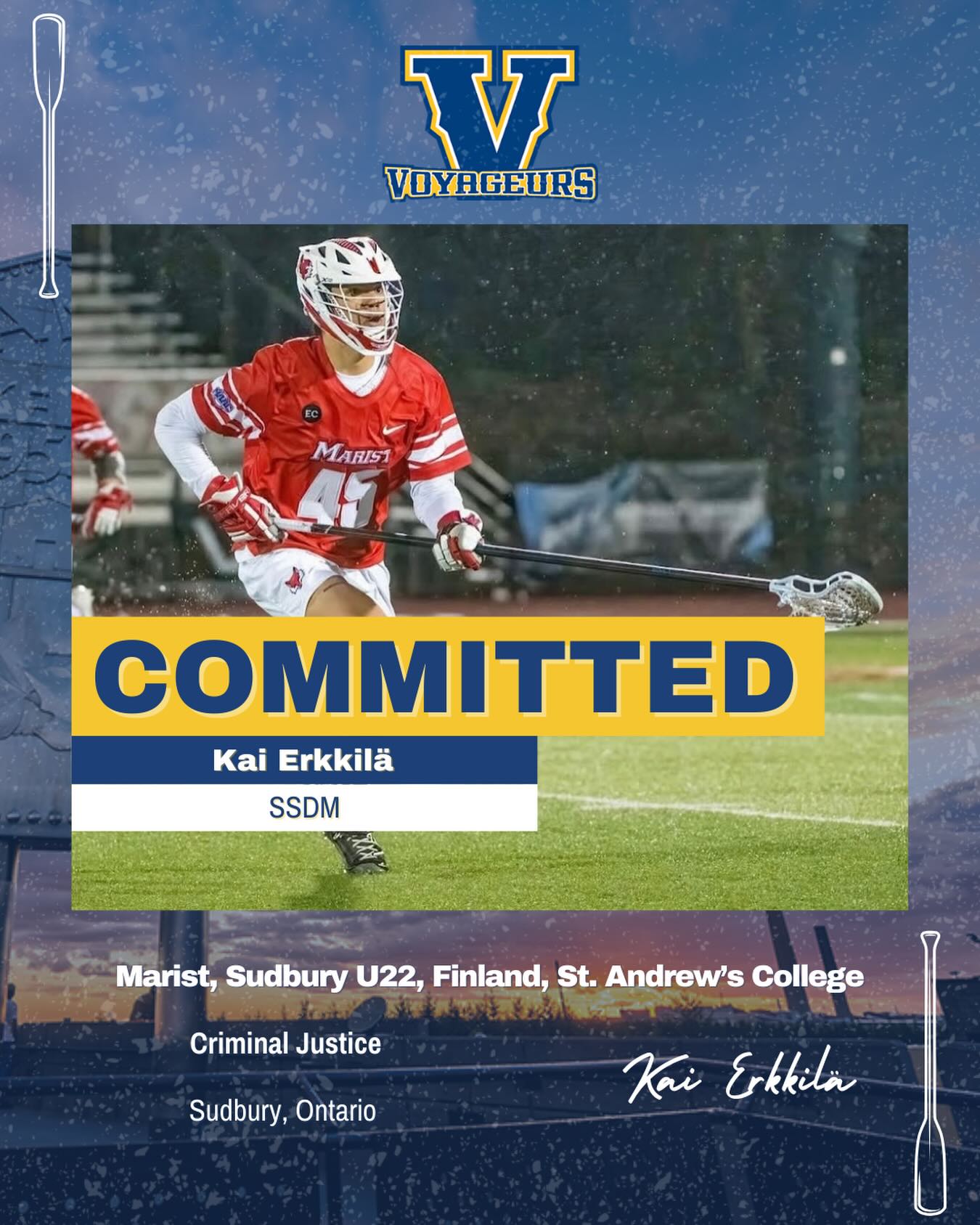We are thrilled to announce the commitment of Kai Erkkilä for 2026!
The Sudbury, Ontario native has a long list of experience having played U22 this past summer for the Sudbury Rockhounds. Kai also attended Marist (NCAA D1) from 2023-2025, before that he attended St. Andrew’s College.
Kai also has seen time at the international stage representing Finland in 2022 and 2025 at the European Championship!
Kai brings a high level of lacrosse IQ and incredible athleticism and will be extremely valuable not just on the defensive side but also in transition!
💙 Welcome to the Voyageurs family! 💛
#VoyageursLacrosse #CUFLA #PaddlesUp #RowTheBoat #PrideAndTradition