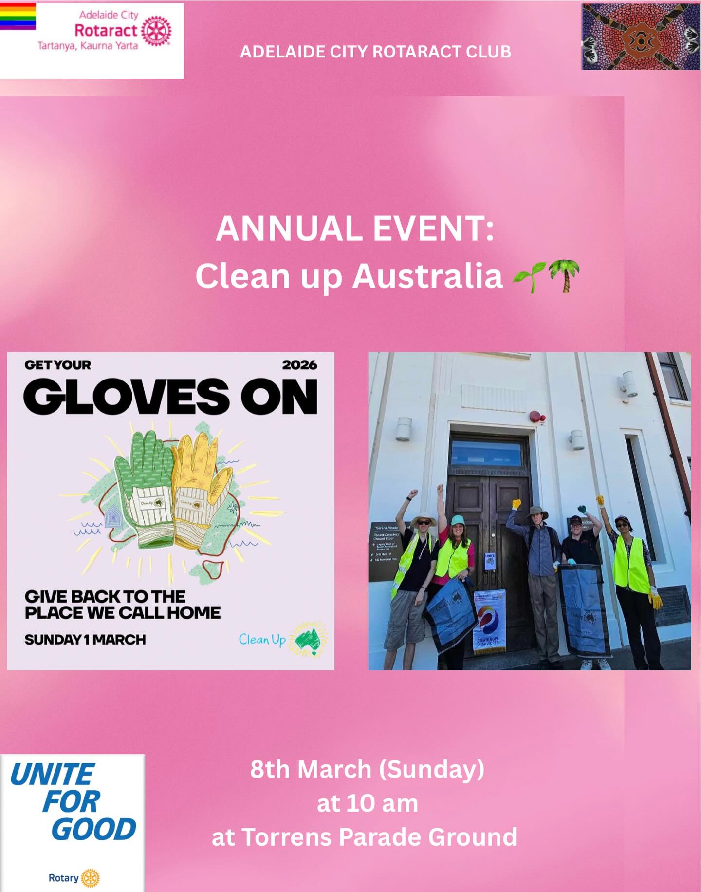 Hello Everyone, there has been a change in the dates for Clean up Australia due to unfortunate weather conditions. It was supposed to be on March 1st (Sunday) which will now be rescheduled to March 8th (Sunday) at 10 am at the Torrens Parade Ground. Hope to see you all there! 😀
