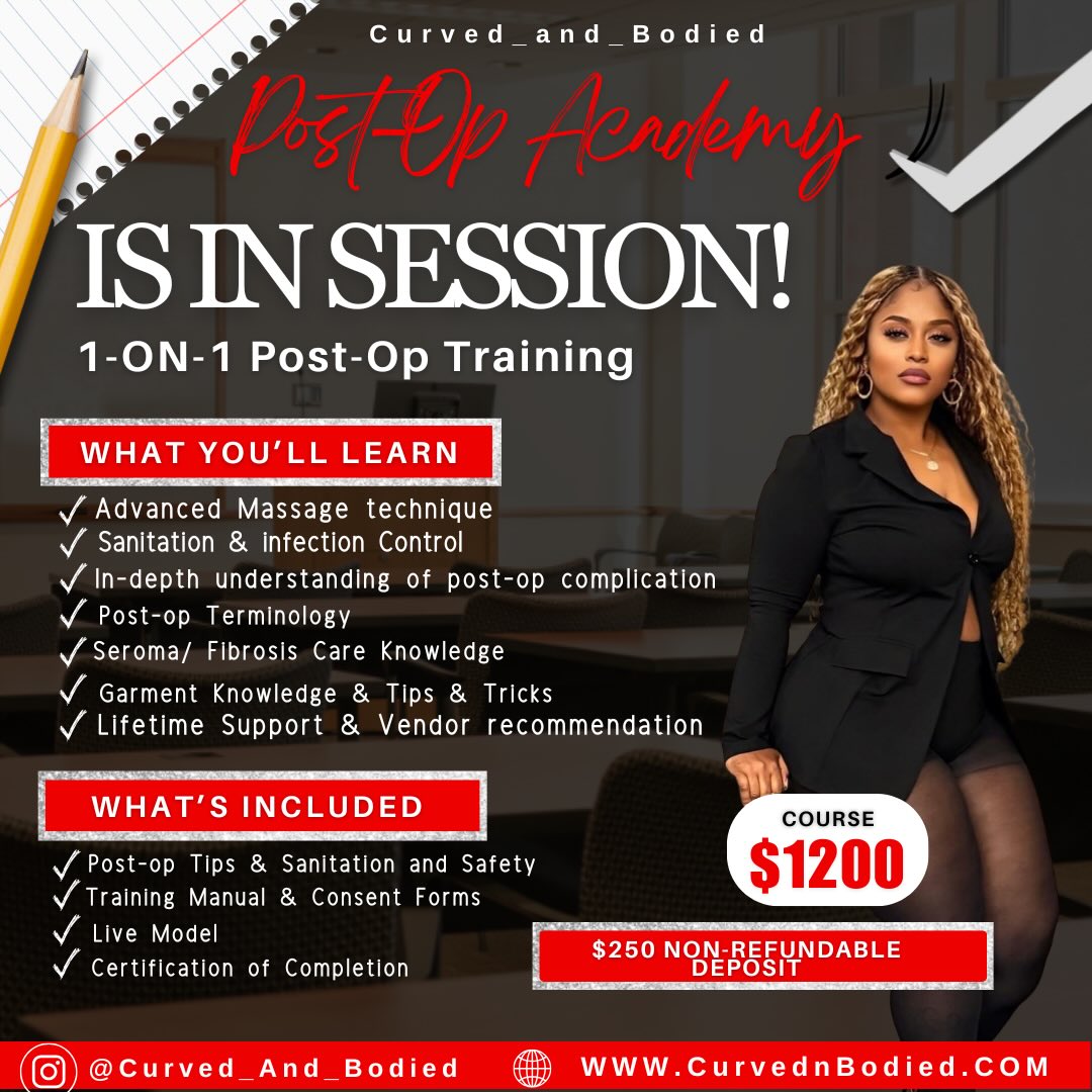 B. (be) Y. (your) O. (own) B. (boss)
Post-Op Academy is IN SESSION ✨
Our 1-on-1 Post-Op Training is designed for serious entrepreneurs ready to master advanced techniques, sanitation & safety, and post-op care with confidence.
✔️ Hands-on training
✔️ Live model
✔️ Certification of completion
✔️ Lifetime support & vendor recommendations
💰 Course: $1,200
🔒 $250 NON-REFUNDABLE deposit required to secure your seat
Limited availability — once slots are filled, enrollment closes.
📩 DM to book
🌐 www.CurvednBodied.com
📍 @Curved_And_Bodied
#postoptraining #viral #entrepreneurlife #taxseason #viralpost