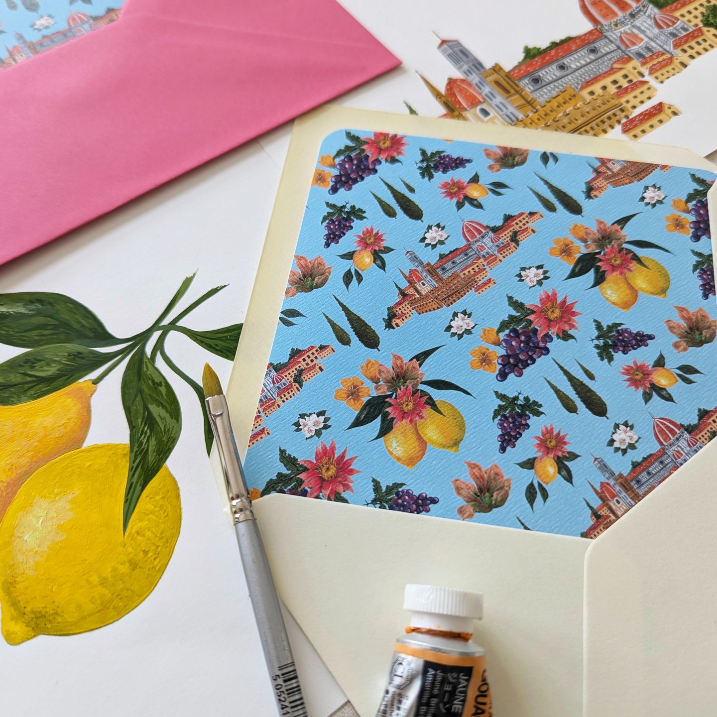 Capture the essence of Tuscany with this enchanting envelope liner. Featuring the iconic Florence skyline, sun-kissed lemons and graceful cypress trees, this design transports you to the heart of Italy. Grapes and delicate flowers complete this idyllic pattern, perfect for adding a touch of romantic elegance to your Tuscan wedding or creating an authentic ambiance for any Italy-themed celebration.
#tuscanwedding
#tuscanywedding
#italywedding
#tuscanyinvitation
#tuscany