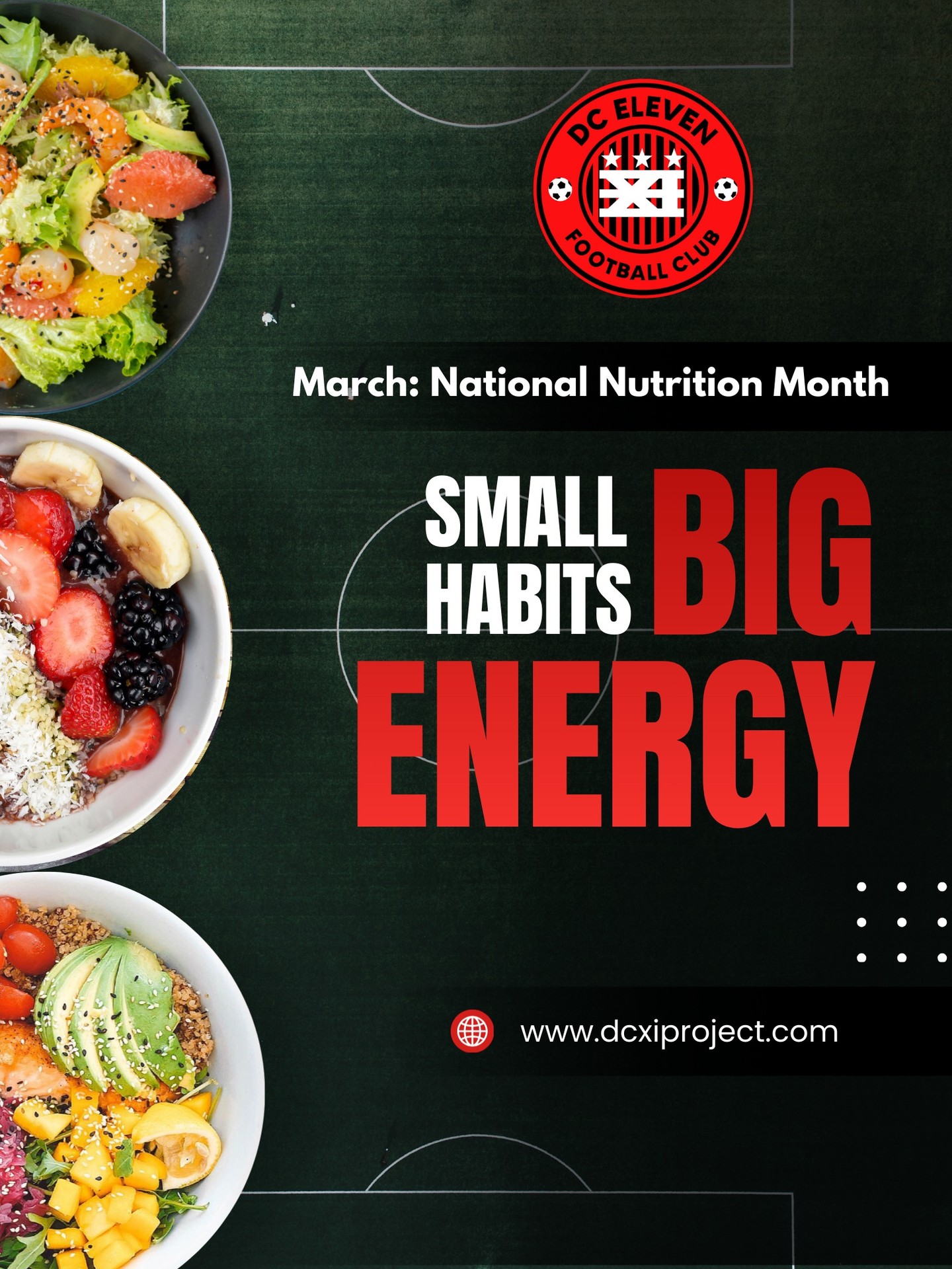 Fuel Your Game, Level Up Your Play! ⚡️🍎
ㅤ
At DCXI, we want our players to feel amazing both on and off the field. Nutrition isn't just about sports—it’s about having the energy to study, play with friends, and recover quickly after a big game!
ㅤ
This month, we’re celebrating small, simple wins:
💧 Hydration: Drinking water throughout the day.
🍌 Energy: Choosing snacks that keep us going longer.
💤 Rest: Letting our bodies recover with good food and sleep.
ㅤ
When we treat our bodies with kindness and give them good fuel, the results show in our smiles and our performance! 🌟
ㅤ
#DCXIAcademy #FootballLife #WellnessJourney #NutritionForKids #SmallChangesBigResults