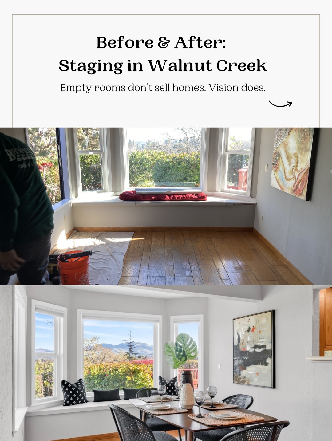 This Walnut Creek home had beautiful natural light, solid wood floors, and great proportions.
But empty rooms make buyers work too hard.
When a space is vacant, people focus on what’s missing.
When it’s staged, they focus on how it feels.
In this home, we leaned into the light, softened the lines, and created intentional moments:
A dining nook that feels connected to the garden
A bedroom that reads calm and elevated
A patio that finally feels usable
Nothing overdone. Nothing trendy. Just thoughtful design that helps buyers emotionally step in.
That’s the difference between “nice house” and “I can see myself here.”
If you’re listing in Walnut Creek or anywhere in the East Bay, staging is not an extra. It’s strategy.