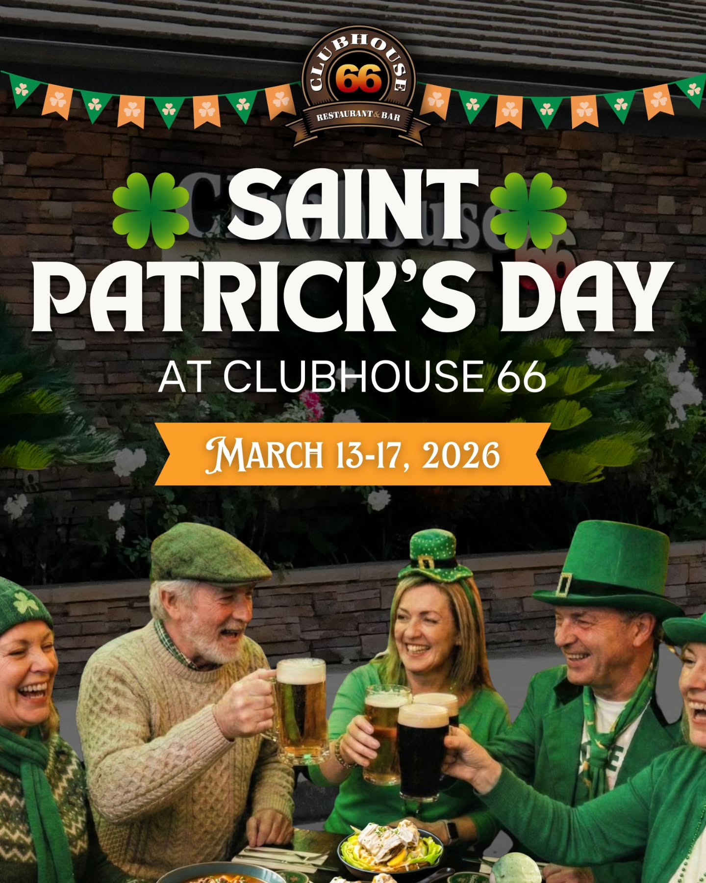 🍀 SAVE THE DATE: ST. PATRICK’S DAY AT CLUBHOUSE 66! 🍀
Get ready to celebrate the luck of the Irish all week long! We’re turning up the charm at Clubhouse 66 from March 13th through March 17th with a celebration you won't want to miss.
🎶 SPECIAL LIVE EVENT
Kick off the festivities early! Join us on Saturday, March 14th, to catch The RJ Band live on stage from 7 PM - 10 PM.
There’s no better way to get into the spirit than with great tunes and even better company.
🍽️ ON THE MENU
Our kitchen is serving up authentic Irish flavors all week! From hearty, slow-cooked classics to a decadent Baileys-infused dessert, we have the perfect pairing for your favorite pint. Swipe left to see the full menu details! 🥘✨
Where to find us: 1200 E. Rte 66, Glendora, CA 91740
When: March 13–17, 2026
Live Music: March 14th | 7 PM - 10 PM
Gather your friends, wear your best green, and let’s make this a St. Paddy’s to remember. Sláinte! 🍻🍀
#Clubhouse66 #StPatricksDay2026 #GlendoraEvents #LiveMusic #TheRJBand