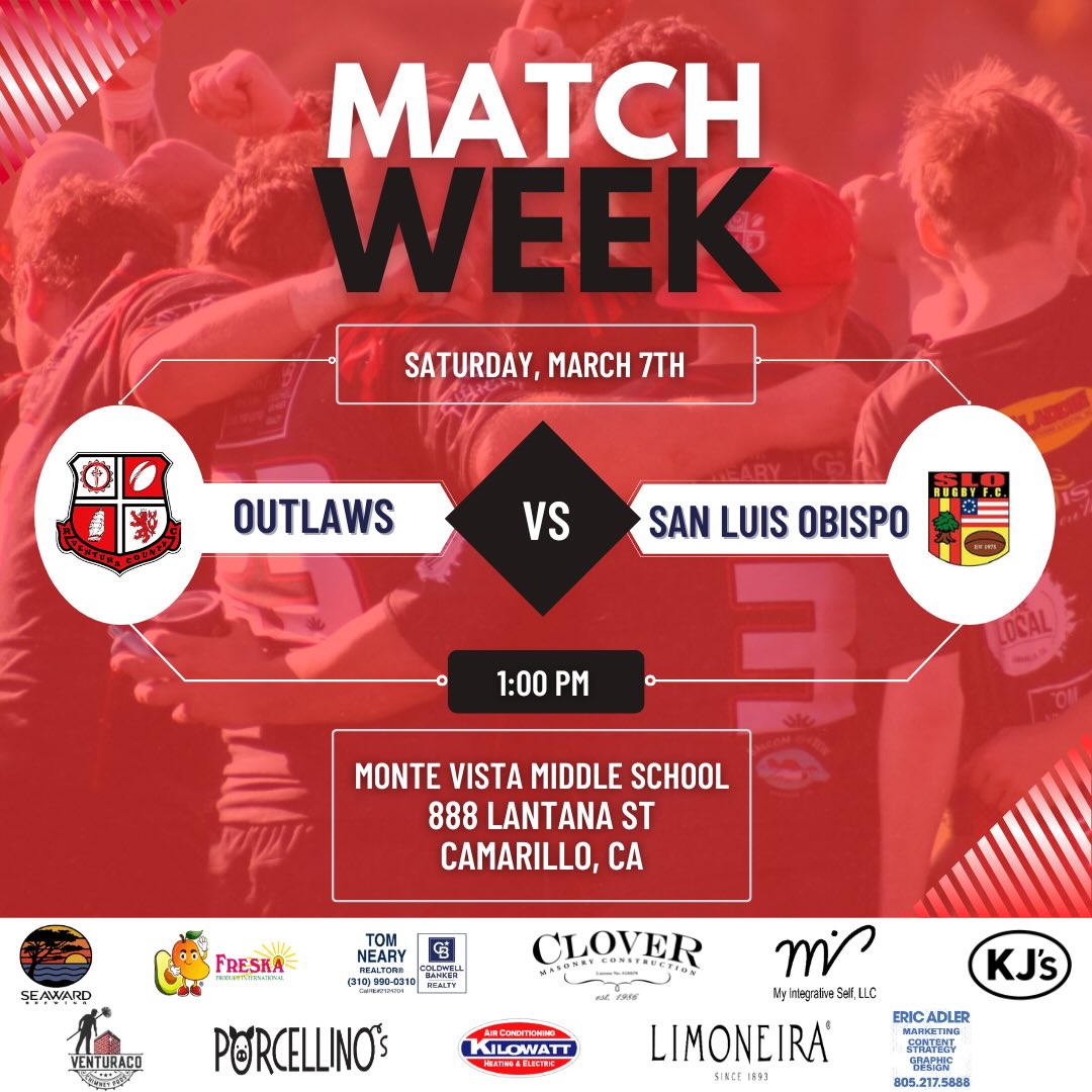 After a week off, the Outlaws are back! This Saturday, your Ventura County Outlaws will host San Luis Obispo at Monte Vista Middle School
WE ARE!
Reminder: Alcohol and dogs are strictly prohibited on school grounds. Any violators will be asked to leave immediately.