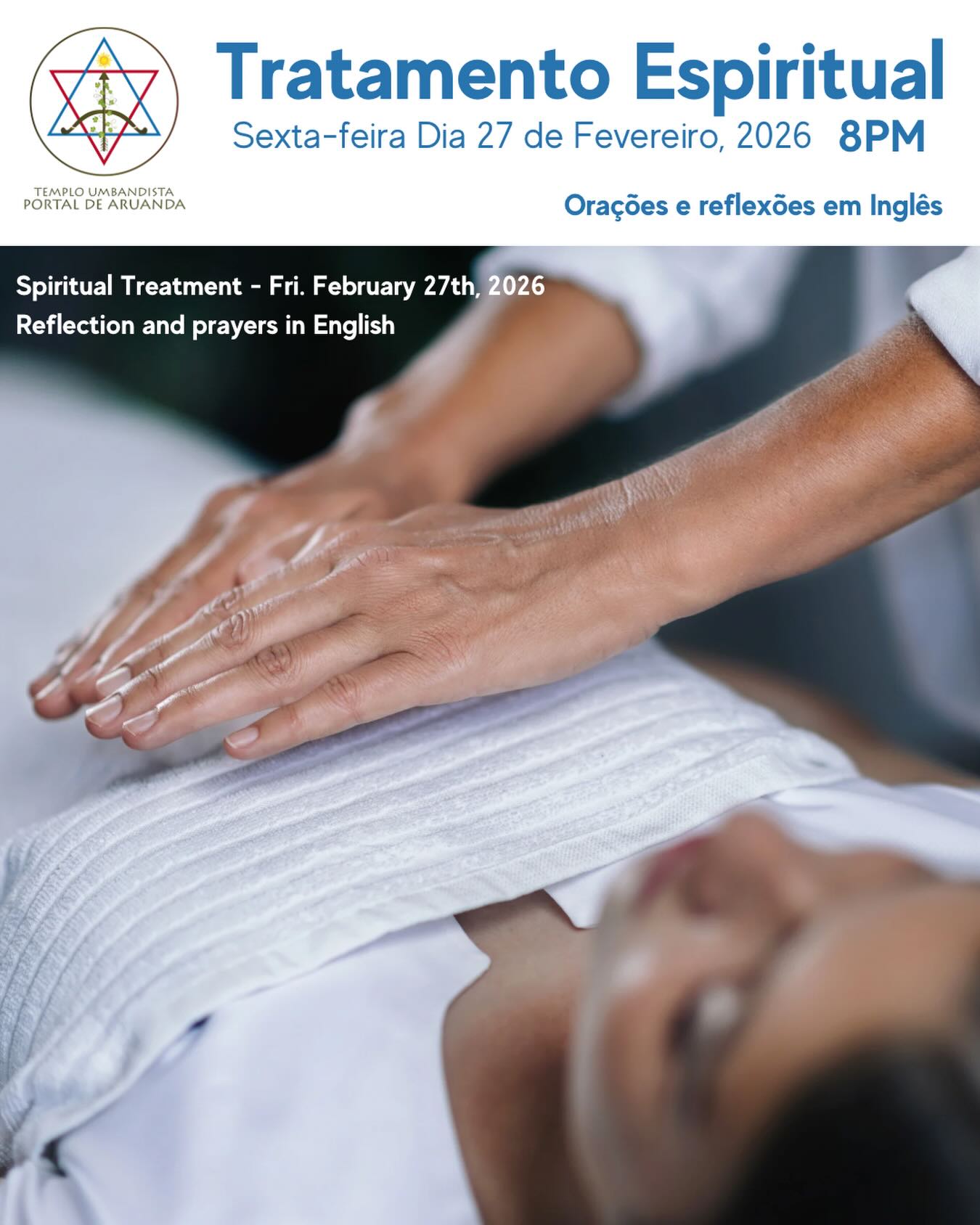 Olá querida comunidade! Nessa sexta-feira, teremos a nossa reunião de Tratamento Espiritual às 8pm/20h. Nos vemos vocês lá. Uma semana de muita paz pra todos!
Hello dearest community! This Friday, we will have our public meeting of Spiritual Treatment at 8pm. We will see you there. Wishing everyone a wee full of peace!