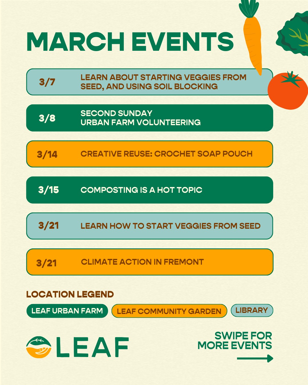 LEAF events are kickin' off in March! We're excited to have more classes at the LEAF Community Garden, and we're also expanding our Talkin' Dirt LIVE classes to be at the Fremont Main Library, the Newark Library, AND the Union City Library!!
Please note, our LEAF Urban Farm has a new entrance on Mission Blvd. See our pinned post for the new directions!
Sign up for all of our classes through our link in bio. See you there 😉
#eastbaygardening #crafts #climateaction #fremontca #regenerativeagriculture #gardeningbasics #soilscience #library