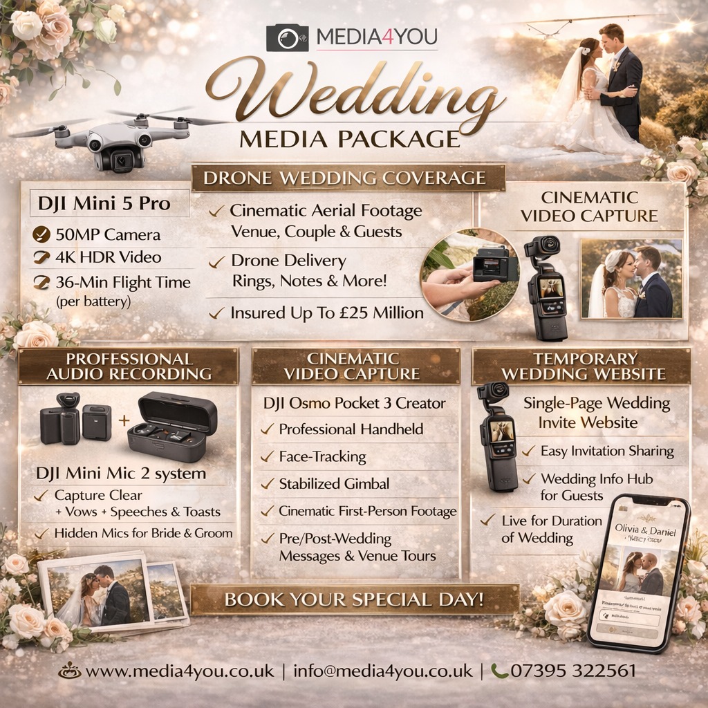 Introducing our updated wedding package. Bringing in all the high quality media capture services that we provide, into one, discounted price, with further discounts available when working with a wedding photographer of your choice.
Weddings are a time of memories, and those memories are something that you want to last, and last beautifully, which is why we bring more than just the usual services that everyone has come to expect, and go a step further.
From high quality drone flights with our DJI Drones, to on the ground video capture with our DJI Osmo Pocket 3 Creator. To behind the scenes with our DJI Mini Mics and pre-wedding website creation to organise the chaos, to the after wedding glow with our high quality media prints. We have a newly designed instant price quote generator on our wedding package page, where you can fully customise your own wedding media package, and budget your own price.
For more information, contact us at info@media4youiow.co.uk, or 07395322561.
You can visit our instant price quote calculator here: https://www.media4you.co.uk/wedding-package
#isleofwight
#wedding
#isleofwightwedding
