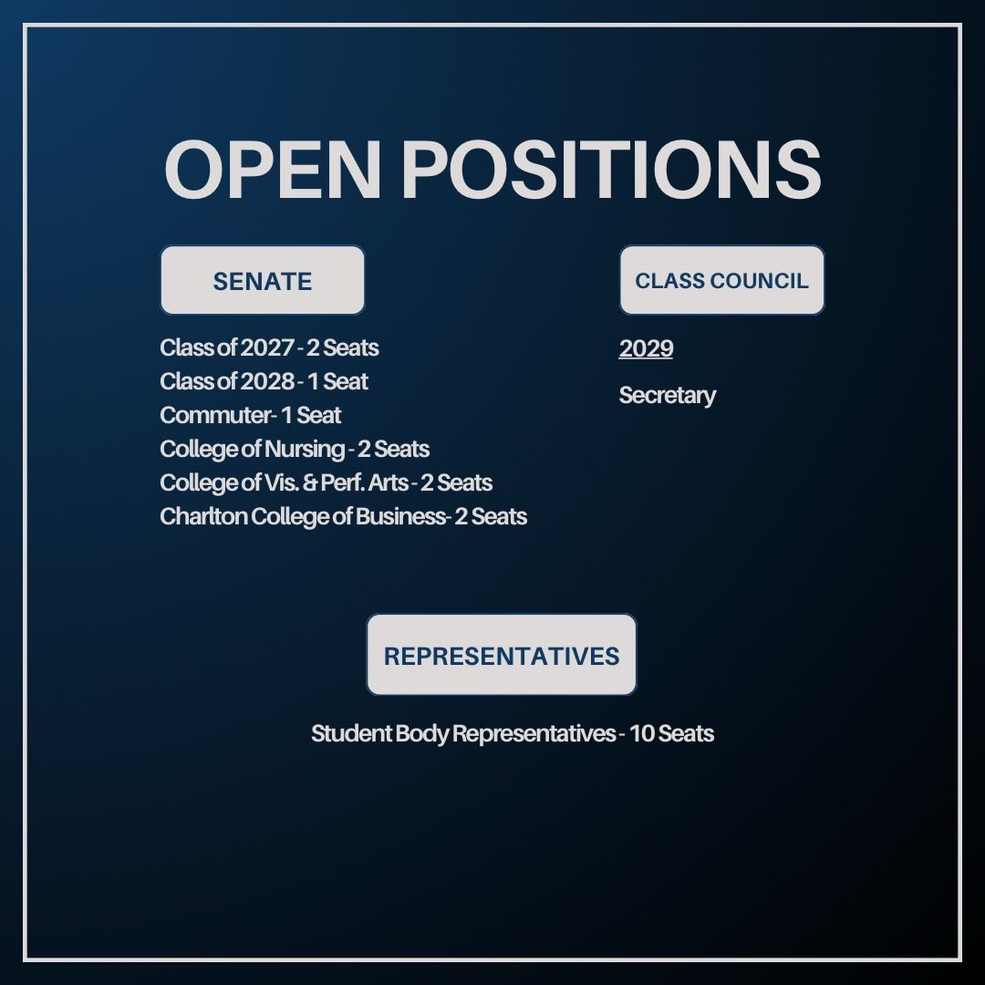 Hello UMassD!!
SGA has open Senator positions and open Student Body Representative positions. If you would like to run for any Senator position, the candidate must be a representative of that community (ie. Must be a commuter to run for a Commuter Senator seat). Anyone can run for a Student Body Representative position as long as they’re a UMassD Undergrad student!
Steps to run for a position:
1. Contact the SGA President with your interest! SGApres@umassd.edu
2. Announce your candidacy at an SGA General Body Meeting (GBM) every Monday 6pm in Library 206
3. At the following GBM, an Internal Election will take place.
Internal Election process:
- You will be able to give a 2 min speech on why you’d like to run for said position
- 3 people present will have the opportunity to speak on your behalf (can be SGA members or anyone you ask to come)
- You will be asked 3 questions related to the position
- Election vote will take place