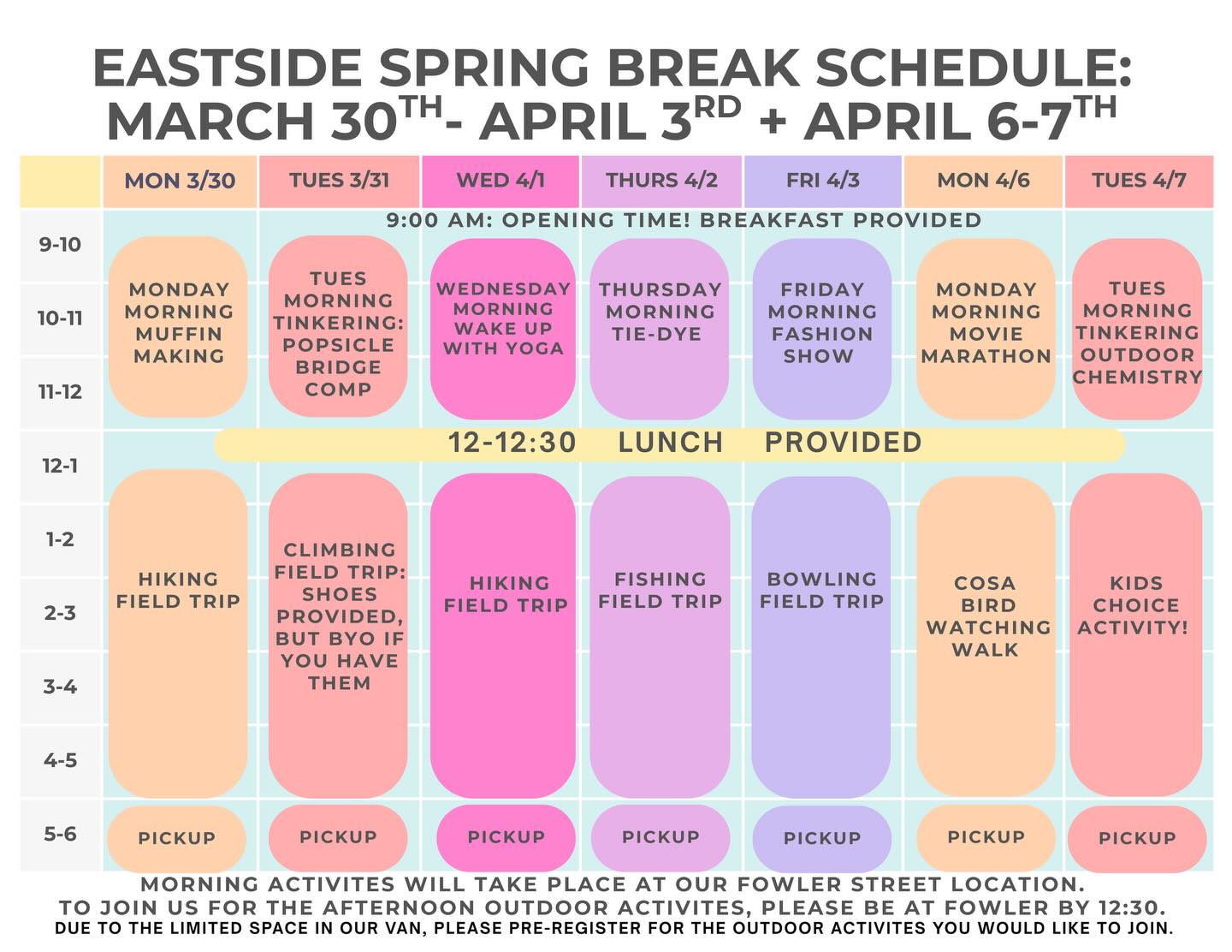 We’re so excited for Spring Break! Here is a look at our activities schedule. If you’d like your student to join us, please sign up ASAP as spots are first come, first serve, and van seating is limited !