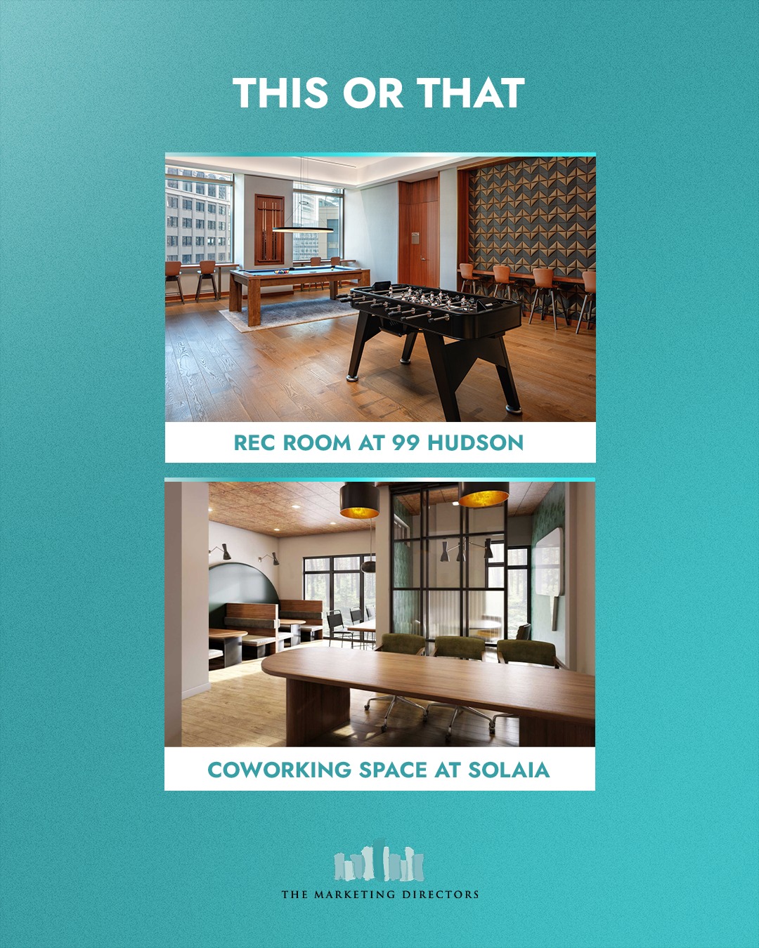 If you had to pick only one of these two amenities, would it be a vibe-y coworking space in which to work from home, but not in your apartment? Or a cool rec room for fun and relaxation at the end of the day?
If you can’t choose, many of the properties we work with have both.
#TheMarketingDirectors
#TMDRealEstate #ThisorThat #RealEstate #NYC