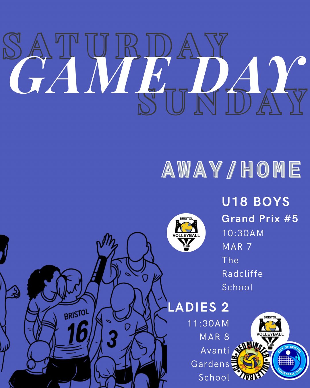 💛 Game Day 💙
Another busy weekend ahead for Bristol Volleyball Club with teams competing both home and away. If you’re around on Sunday, come down to Avanti and catch a proper Bristol derby as our Ladies 2 take on City of Bristol and Bedminster, it should be a great one! 💥
🏐 Home
📅 Sunday 8 March
Ladies 2 – NVL Div 3
🏐 Away
📅 Saturday 7 March
U18 Boys – U18 Grand Prix Final Round (Silver Cup)
🏐 Away
📅 Saturday 7 March
Ladies 4 – B&D League
🏐 Away
📅 Sunday 8 March
U18 Girls – U18 Grand Prix Final Round (Silver Cup)
🏐 Away
📅 Sunday 8 March
Ladies 3 – South West League
Big weekend all round, good luck to everyone. Bring the energy, play your game and let’s make it a strong one! 💛💙
.
.
.
#WeAreBVC #BVCGameDay #BristolVolleyballClub #VolleyballEngland #BristolSports