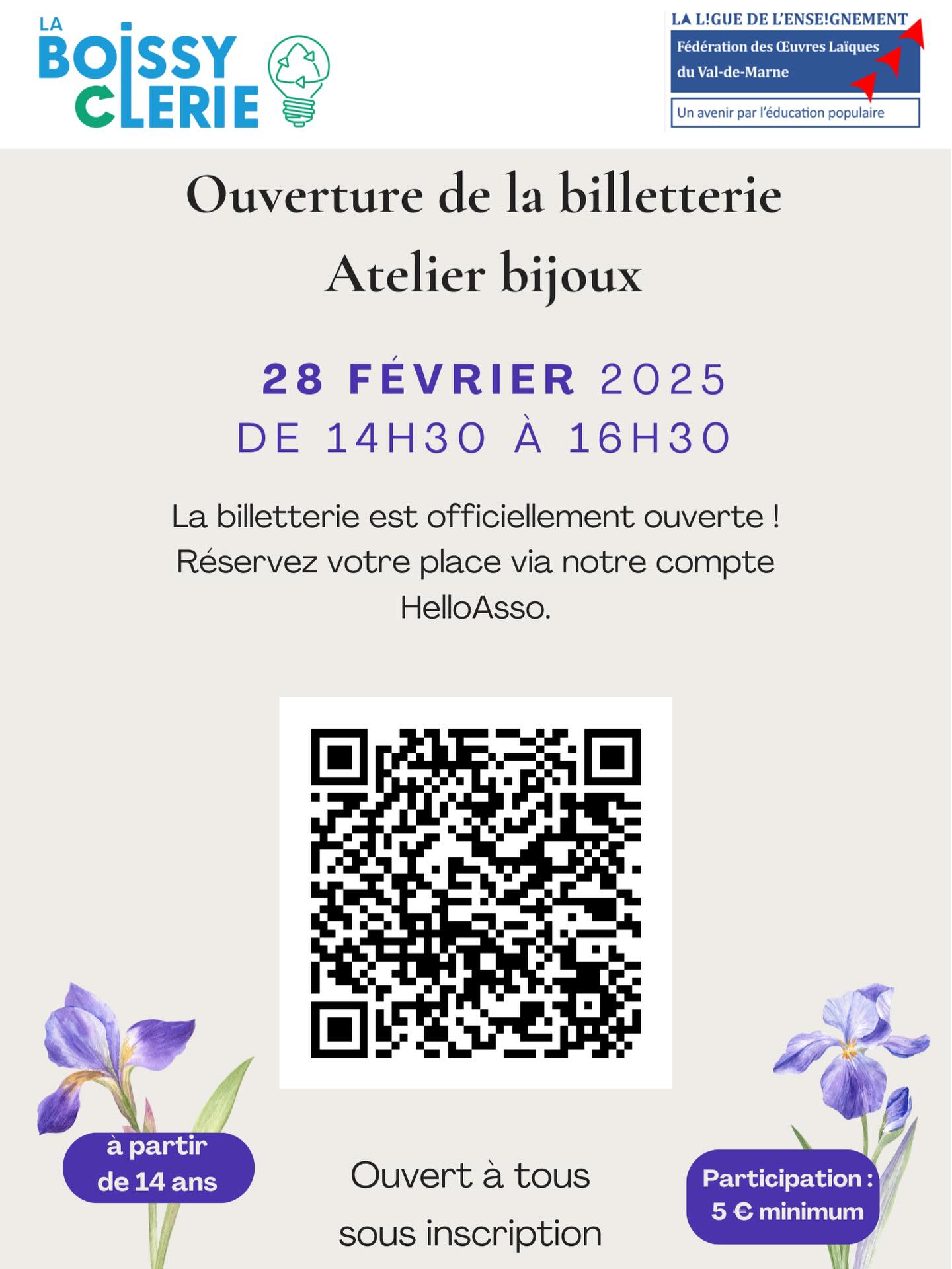 🚨 Dernière chance, rejoignez-nous pour un atelier créatif où vous pourrez créer vos propres bijoux. Les places sont limitées❗️
Scannez le QR code sur l’affiche pour accéder directement à la billetterie. Vous pouvez également vous inscrire directement via le lien de l’événement suivant : https://www.helloasso.com/associations/ligue-de-l-enseignement-du-val-de-marne/evenements/atelier-bijoux