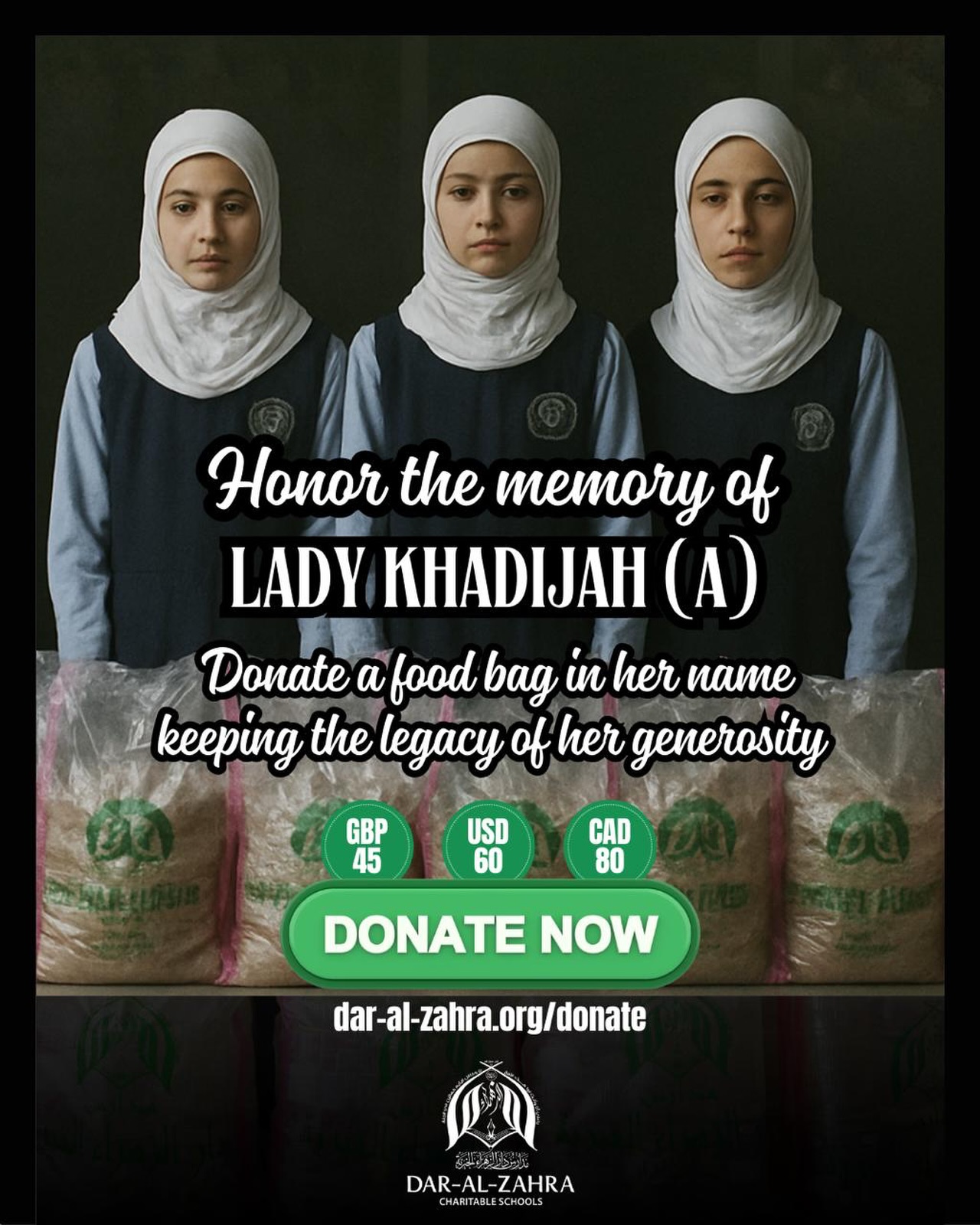 Peace be upon you, O the first who believed in Allah and His Messenger.
Before the world believed, she believed.
Before the world supported, she stood firm.
Lady Khadija (a.s.) — the strength of Islam in its earliest days, the comfort of the Prophet ﷺ, and the mother of Fatima al-Zahra (a.s.).
Her generosity shaped history. Her compassion uplifted Muslim Umah.
Let your charity reflect her spirit.
Give in her blessed name.
Donate now: www.dar-al-zahra.org/donate