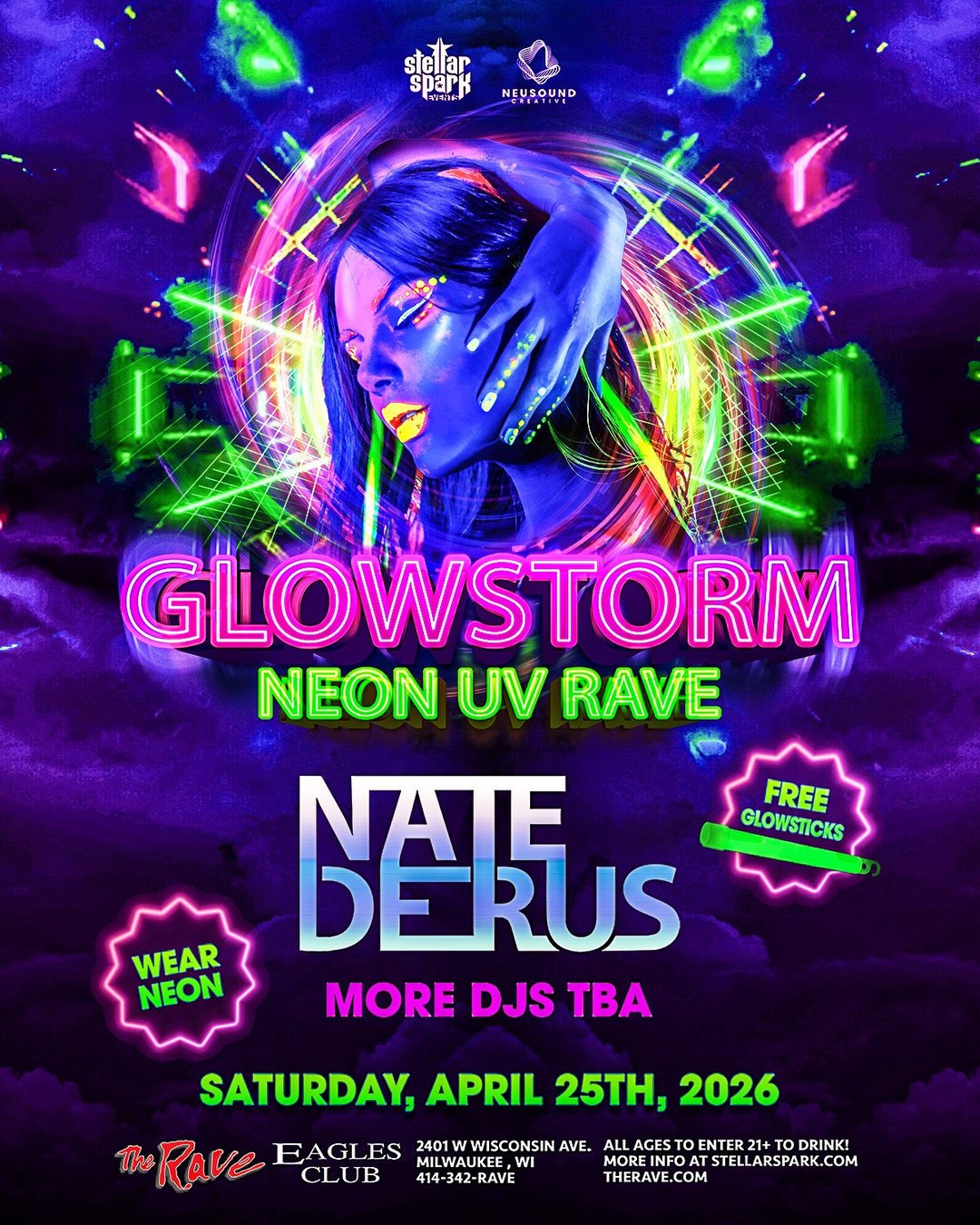 JUST ANNOUNCED: Glowstorm - Neon UV Rave comes to The Rave on April 25th. Tickets are on sale now! Immerse yourself in a world of blacklights, glowing visuals, and pulsing beats as resident DJ @Nate_Derus kicks off the party with more artists to be announced.
๐๏ธ : stellarspark.com