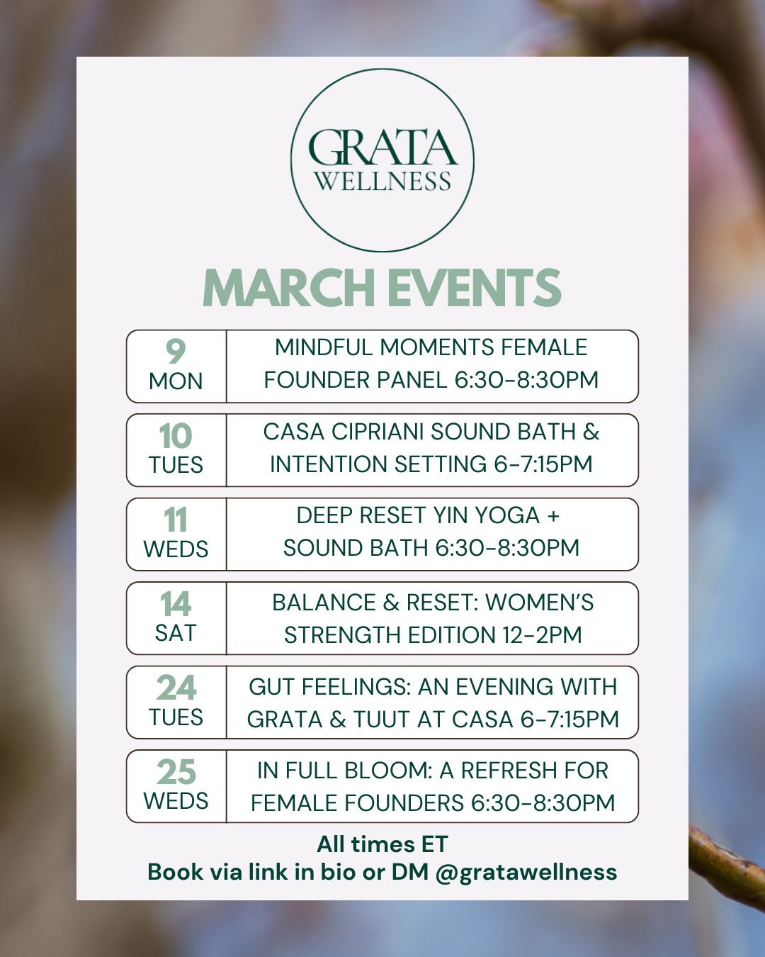 March wellness events🌸🌷🧼💐🌱
So ready to welcome spring with a month of grounding Grata gatherings✨
Honoring the season of renewal (and International Women’s Month) through experiences designed to calm the nervous system and support deeper presence.
Links in bio + stories and DM me for private sound baths & 1:1 sessions💗