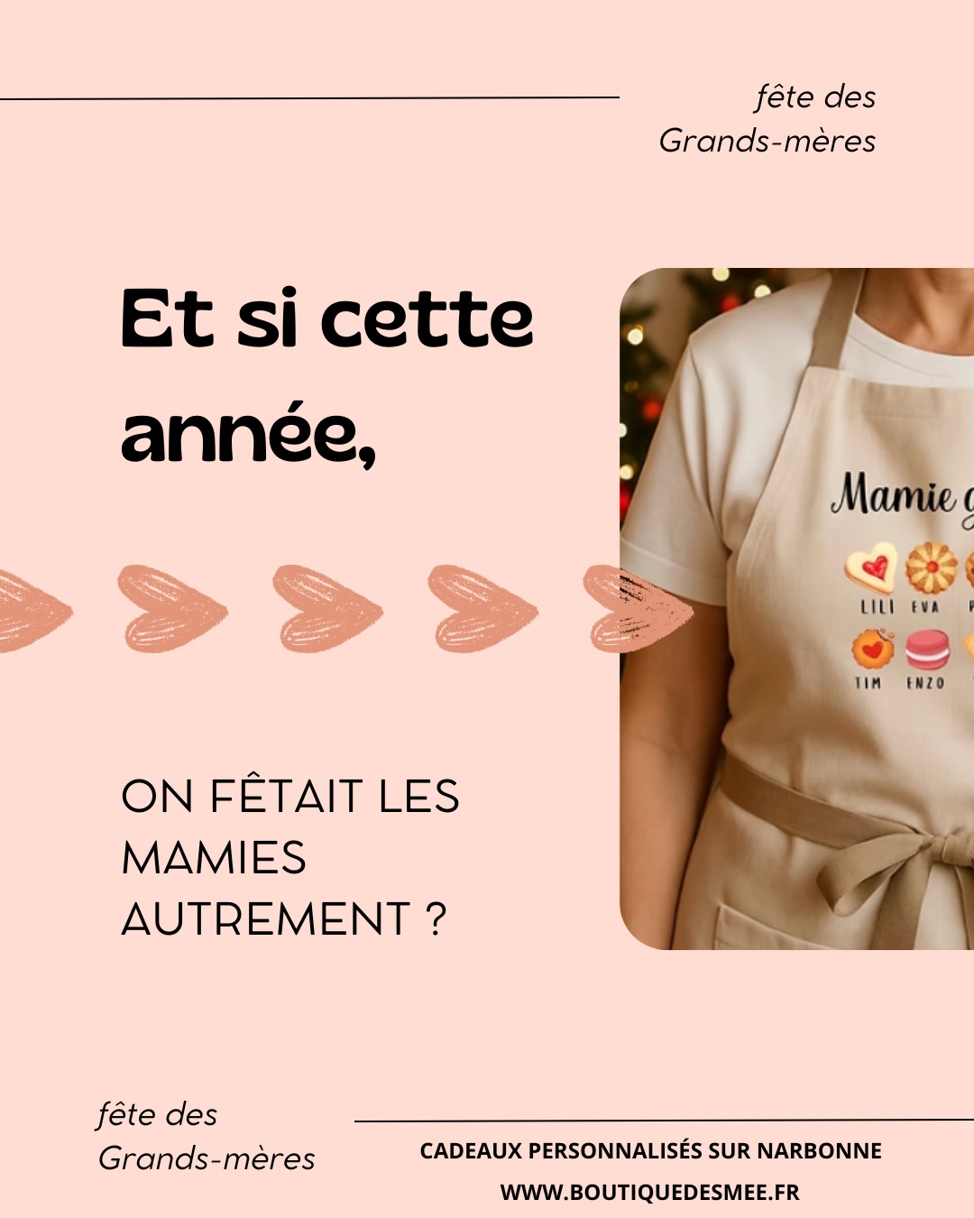 Parfait 🙌 Je te prépare une légende optimisée, locale Narbonne / Coursan, en respectant la structure et le ton du guide Instagram  et adaptée à la cible “acheteurs de cadeaux personnalisés” comme Camille .
⸻
💐 La Fête des Mamies arrive… le 1er mars 2026 ! 💐
🔹 Vous êtes à Narbonne, Coursan ou aux alentours et vous cherchez un cadeau personnalisé pour la Fête des Mamies ? 💝
Ne cherchez plus… La Boutique d’Esmee est là pour vous aider à faire briller les yeux de votre mamie
Offrez-lui un cadeau unique et rempli d’amour :
Mug personnalisé
Sweat ou t-shirt avec un message tendre
Tote bag personnalisé
Création sur mesure avec les prénoms des petits-enfants
Parce qu’une mamie, ça mérite un cadeau aussi unique qu’elle
📍 Commande en ligne sur notre boutique
➡️ Retrait sur place à Coursan (près de Narbonne)
📦 Envoi possible directement chez votre mamie (idéal si elle n’habite pas dans l’Aude !)
💨 Anticipez le 1er mars 2026 pour être sûr(e) d’avoir votre création à temps !
Soutenez une boutique locale près de Narbonne et offrez un cadeau qui a du sens 💕
#FeteDesMamies #Narbonne #Coursan #Aude #CadeauPersonnalisé BoutiqueLocale IdeeCadeauMamie FaitAvecAmour NarbonneCommerces
⸻
Veux-tu que je me connecte à internet pour voir le calendrier marketing 2026 et découvrir des opportunités de post insta ? 📅✨