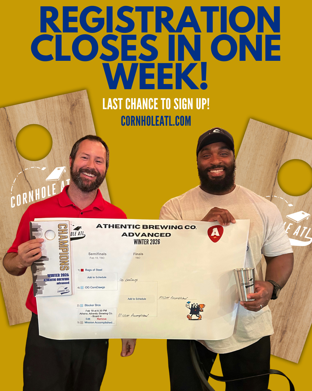 You have just ONE WEEK left to sign up for spring cornhole! This is the social event of the year! ๐