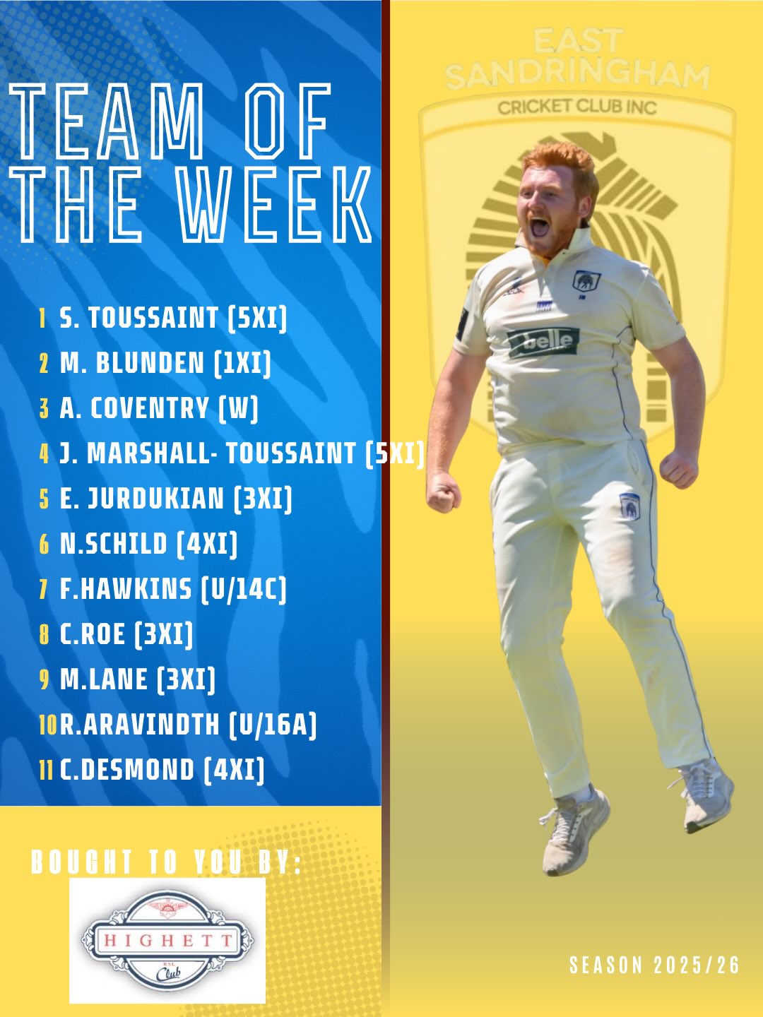 ⭐ Team of the Week | Player Highlight ⭐
Well done to our Team of the Week selections — another strong showing right across the club! 👏💙💛
Congratulations to this year’s John Jones Winner Matt Blunden on an outstanding season so far, plenty more to come in finals ! 🔥🏏
Solid knock from our Women’s Captain Alysia!
A big thank you to @highettrsl for supporting our weekly awards.
The Zebras continue to make their mark across all grades! 🦓💪