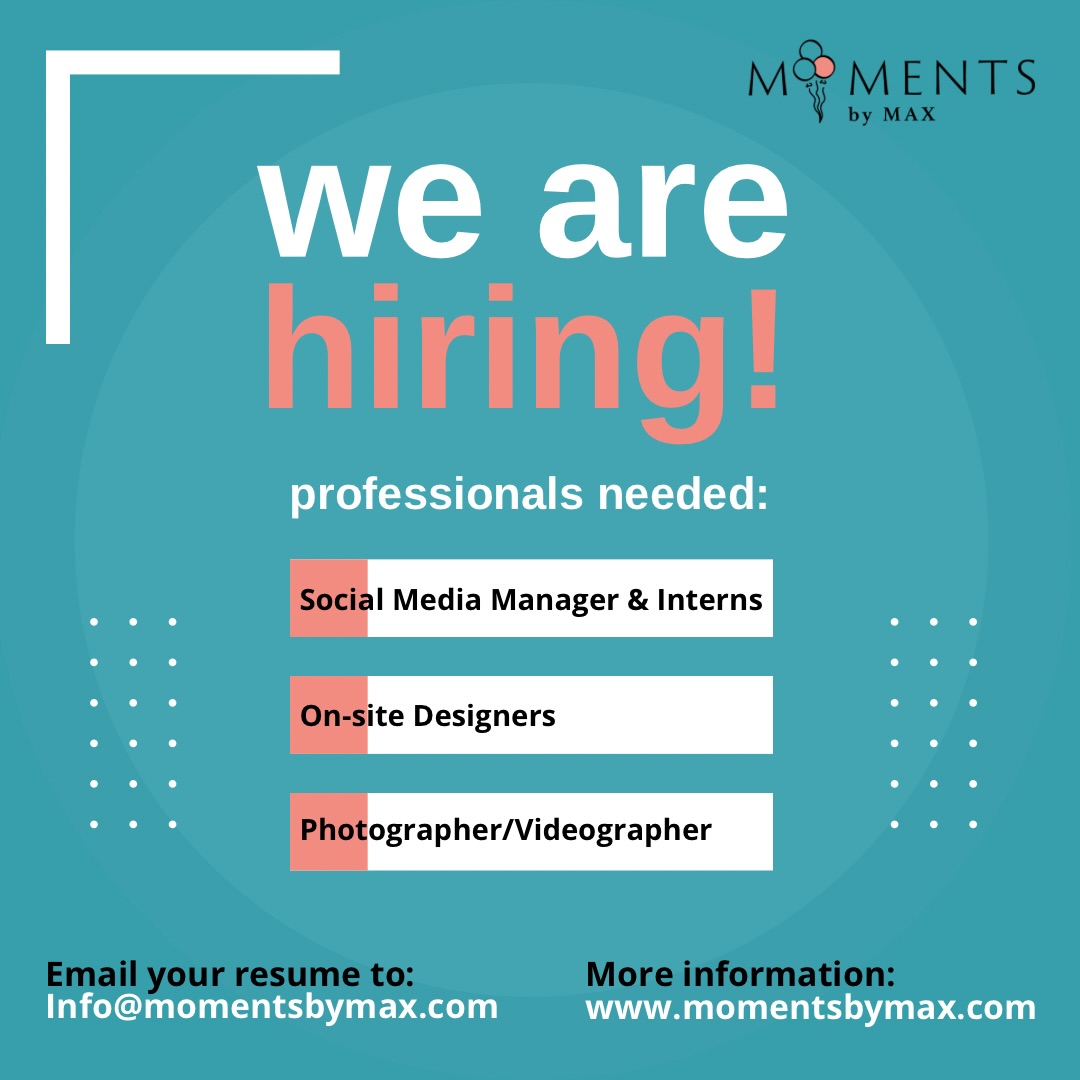 🚨 WE’RE HIRING! 🚨
Moments By Max is growing — and we’re expanding our team! 🎈✨
Looking for a fun job in the Philadelphia, Montgomery, Bucks, Delco area? We got you! If you’re creative, reliable, and love fast-paced days, creating epic displays and memorable creation, we want to hear from you!
We’re currently hiring for:
• Social Media, Marketing & Admin Intern
• Social Media Manager
• On-Site Event Designers
• Photographers / Videographers & Interns
Qualifications:
• Strong communication & organization skills
• Experience with social media platforms (IG, TikTok, FB, etc.)
• Familiar with Canva/Wix (for media roles)
• Professional camera or high-quality phone (for content roles)
• Reliable transportation for on-site work
• Detail-oriented & able to work independently
• Able to lift 25+ pounds
• Flexible availability (weekdays, weekends, some overnights, early mornings)
✨ Flexible opportunities with good pay ($20-$35, depending on experience)
✨ Hands-on event experience
✨ Growing, creative company
📩 To learn more, please inquire. Send your resume + a short intro to info@momentsbymax.com. Please include the position you’re applying for in the subject line.
Let’s create moments together! 🤍
.
.
.
#nowhiring #eventjobs #philadelphiajobs #phillyjobs jobsinphilly