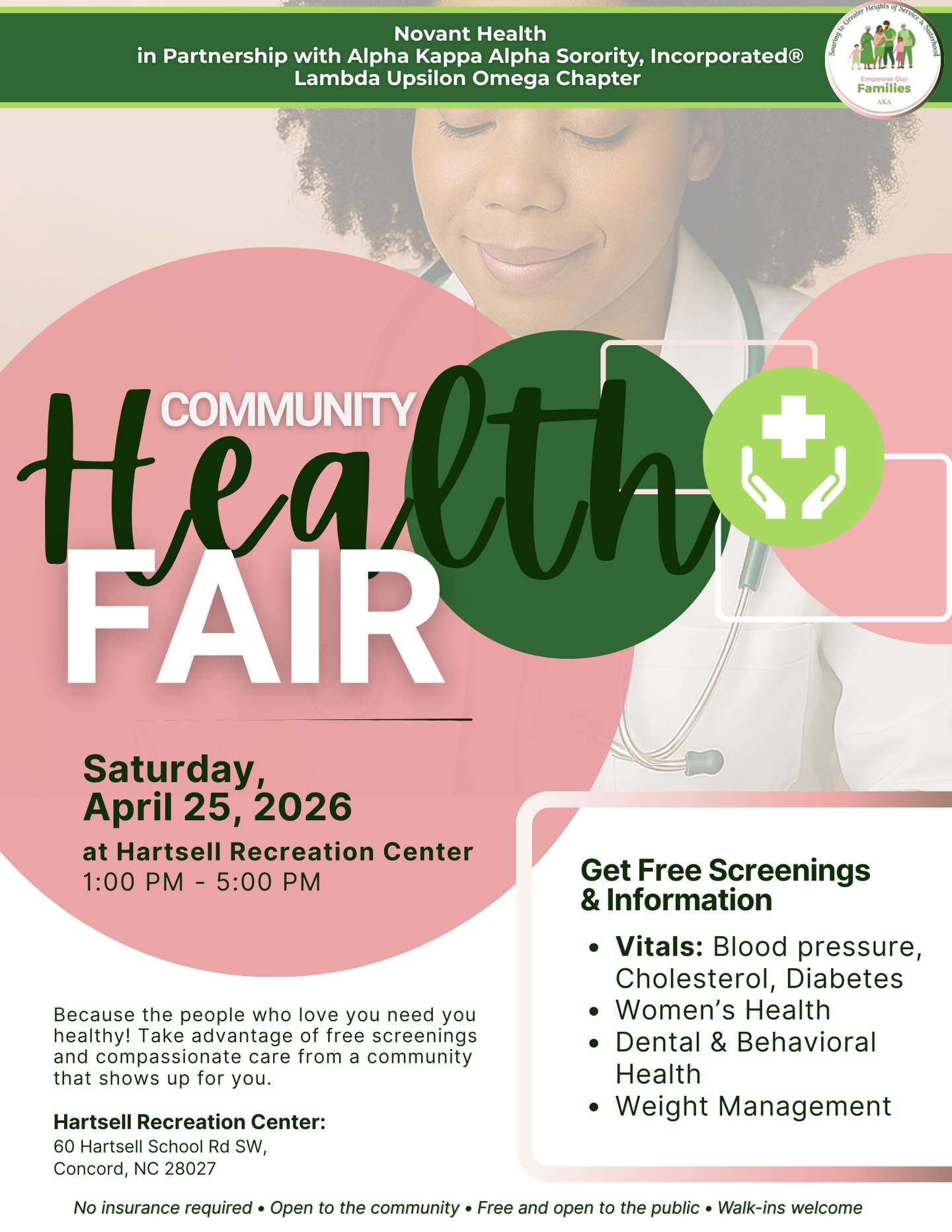 💚✨ Your Health Matters. Your Community Cares. ✨💚
Join us for our Community Health Fair in partnership with Novant Health!
🗓 Saturday, April 25, 2026
⏰ 1:00 PM – 5:00 PM
📍 Hartsell Recreation Center | Concord, NC
💉 FREE Screenings & Information:
• Blood Pressure, Cholesterol & Diabetes
• Women’s Health
• Dental & Behavioral Health
• Weight Management
✔ No insurance required
✔ Free & open to the public
✔ Walk-ins welcome
Bring a friend. Bring your family. Take charge of your health.
💗
#communityhealth #healthfair #empowerourfamilies #concordnc #Lambdaupsilsonomega