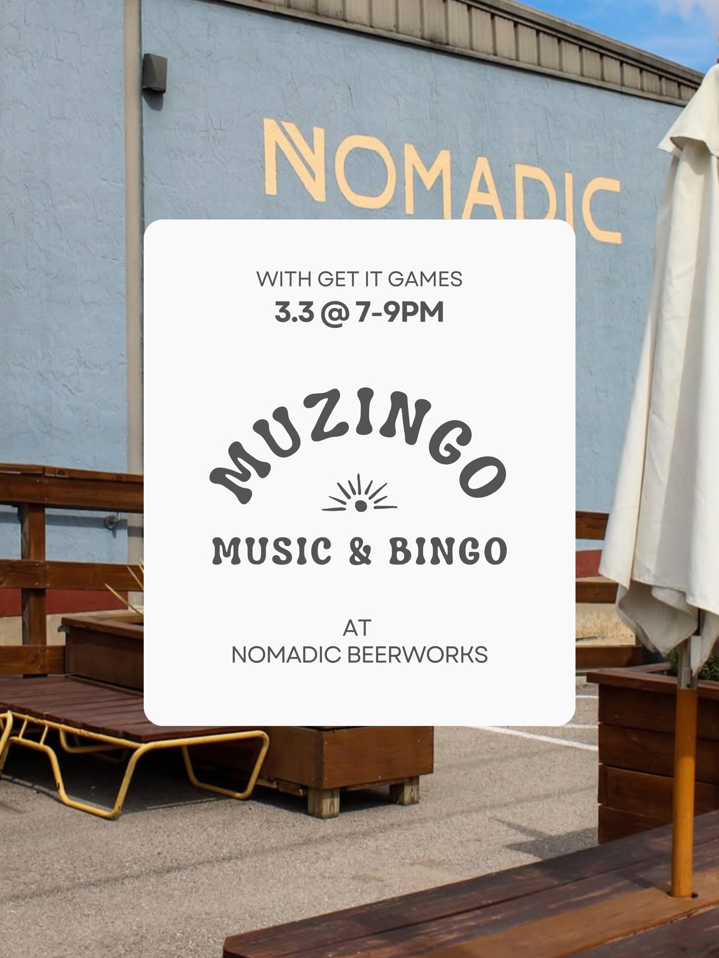 TUESDAY ➡️ Muzingo hosted by @get.it.games is back ⚡️
Come thru with your crew Tuesday from 7-9pm to play your favorite hybrid music-bingo game for a chance to win a free brew and Nomadic party glass (swipe for a glimpse) 🤙
Can’t wait to see y’all there! 🍻
