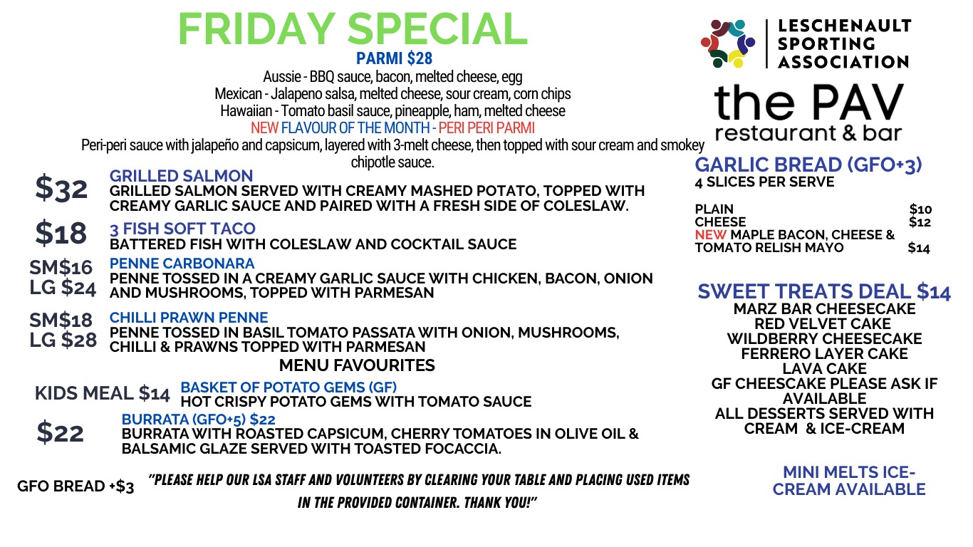 Dinner is sorted tonight! ๐ฝ๏ธ
Sit back, relax and watch the football on the big screen while enjoying a great meal and a cold drink.
Check out our specials tonight along with our full menu. See you at The Pav! ๐ป