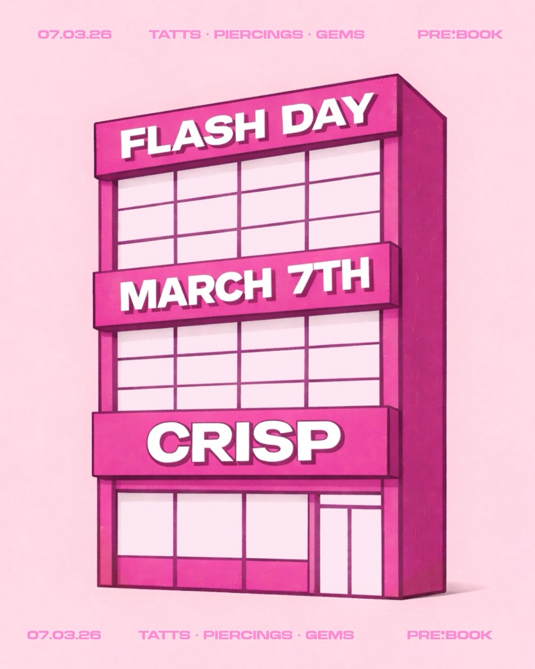 🩷 FLASH DAY 🩷 07.03.26 - CRISP
we’re hosting a flash day event and would loveee for you to be there. discounted tatts, gems + piercing curations.
dm your artist with your chosen design to book direct, or book via our link in bio and select the “FLASH DAY” service options 🔗 a deposit will be taken to secure your spot 🦋
hope to see you there x