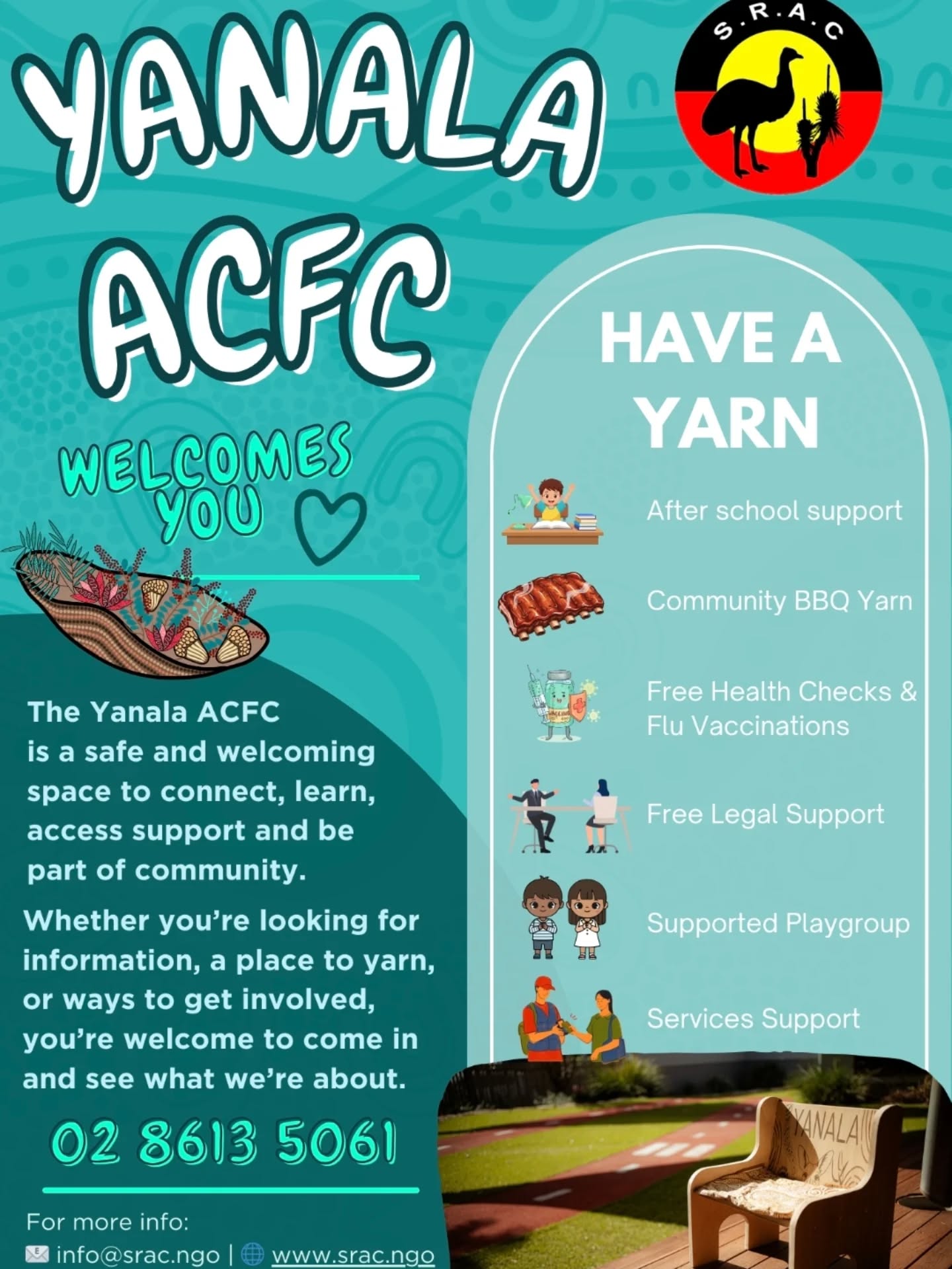โจ Yanala ACFC welcomes you mob โจ
Come through and connect with community ๐ค
๐ฅ Community BBQ
๐ถ๐พ Supported playgroups
๐ Homework support
โ๐พ Legal support
A safe space to yarn, learn, share and grow together. Everyoneโs welcome โ bring the kids, bring the family, bring yourself.
Weโre here for community, culture and connection.