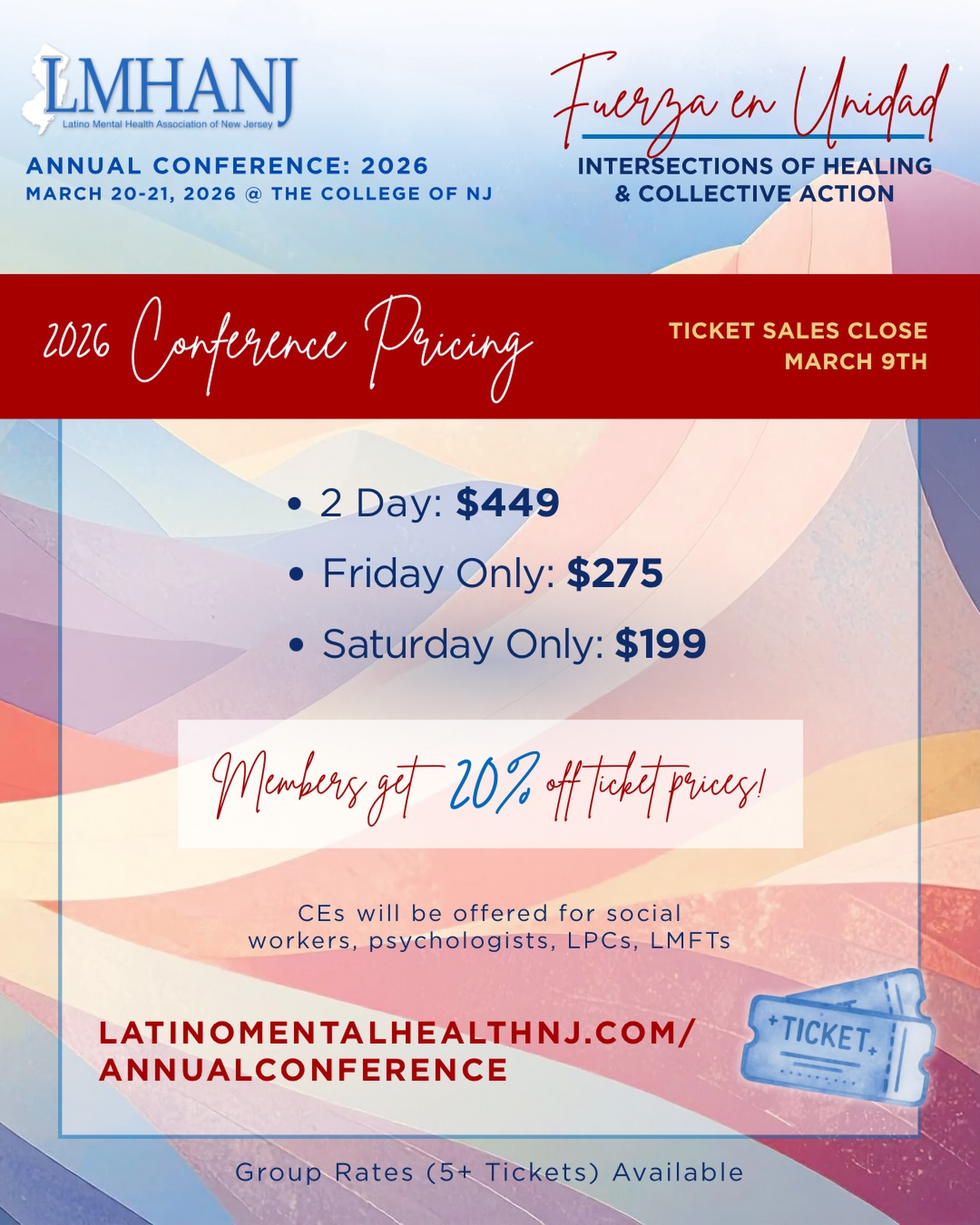 The LMHANJ 2026 Annual Conference: Fuerza en Unidad: Intersections of Healing & Collective Action ✨
📍 The College of New Jersey
🗓 March 20–21, 2025
Join Latinx mental health professionals from across NJ for two days of learning, connection, and collective empowerment. This conference is your chance to:
🔥 Connect with Latinx leaders and community advocates
🔥 Earn CEs for Social Workers, Psychologists, LPCs, and LMFTs
🔥 Engage in transformative workshops centered on healing, culture, and action
🔥 Strengthen our collective impact in Latinx mental health
Members get 20% off tickets! Last day to buy tickets is March 9th.
#lmhanj #lmhanjconference2026 #fuerzaenunidad #latinxmentalhealth #njlatinxtherapists