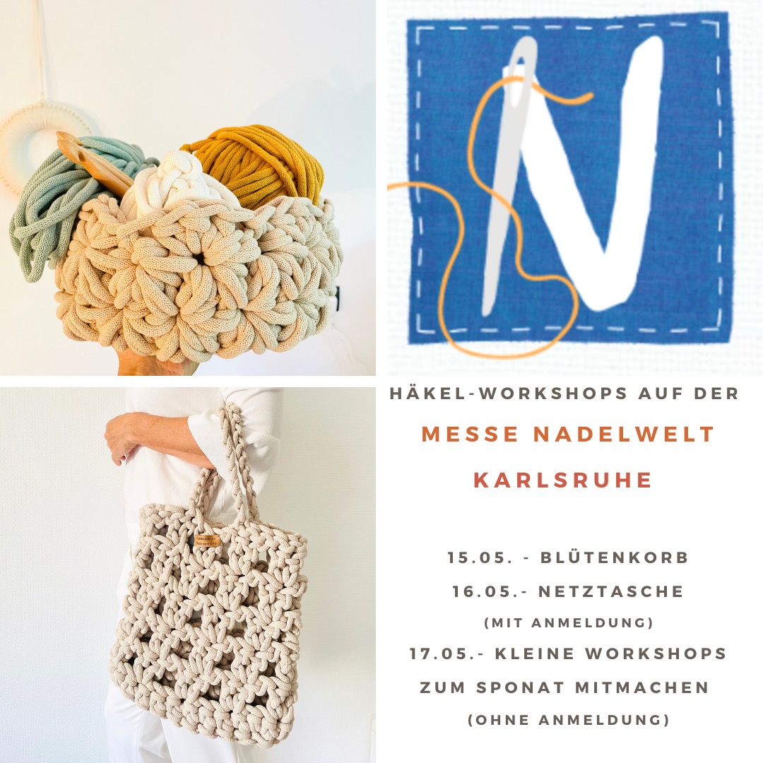 Was gibt es schöneres als gemeinsam kreativ zu sein und seine Leidenschaft mit anderen zu teilen. Und das darf ich dieses Jahr auch wieder tun auf der Nadelwelt in Karlsruhe vom 15. bis 17.Mai :-). 🧶😍
Am Freitag häkeln wir gemeinsam den tollen Blütenkorb und am Samstag eine trendige Netztasche. Beide Projekte werden aus dicker Baumwollkordell von Bobbiny gehäkelt.
Anmelden könnt ihr euch über die Webseite der Nadelwelt.
Am Sonntag gibt es dann in der Messehalle kleine Workshops von. ca. 1 Stunde zum spontan mitmachen. Hier könnt ihr in kurzer Zeit was Neues ausprobieren und ein kleines Deko-Projekt zaubern.
Ich freue mich auf euch.
#nadelwelt #gemeinsamkreativ #karlsruhe #häkelnverbindet #häkelliebe #häkelkurs #häkelworkshop #bobbiny #häkelkorb #netztasche #moderncrochet