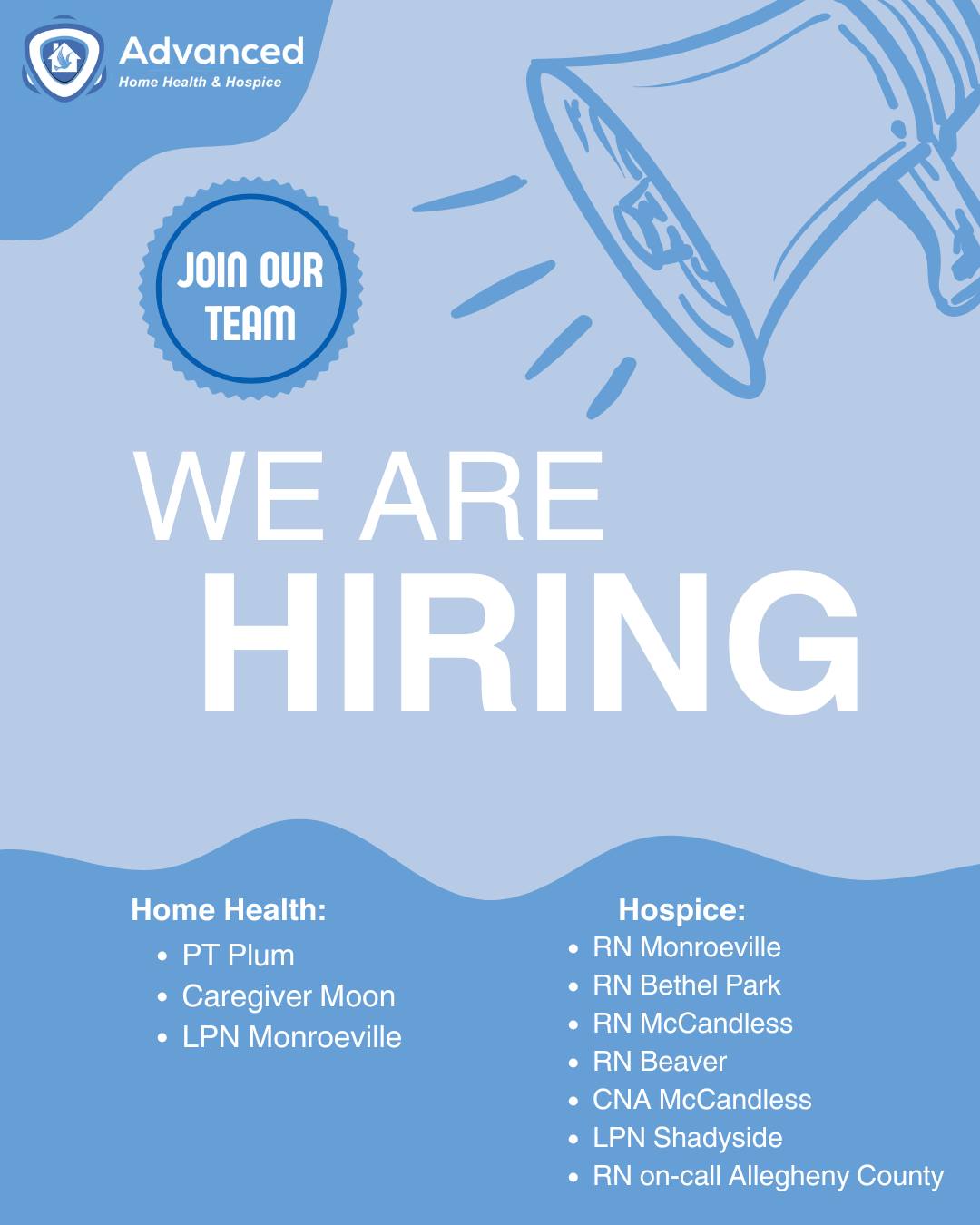 We're hiring! Join our team and make a difference in the lives of the patients and families we serve every day. Visit our website to apply today.
#AdvancingTogether #Hiring #HomeHealth #Hospice