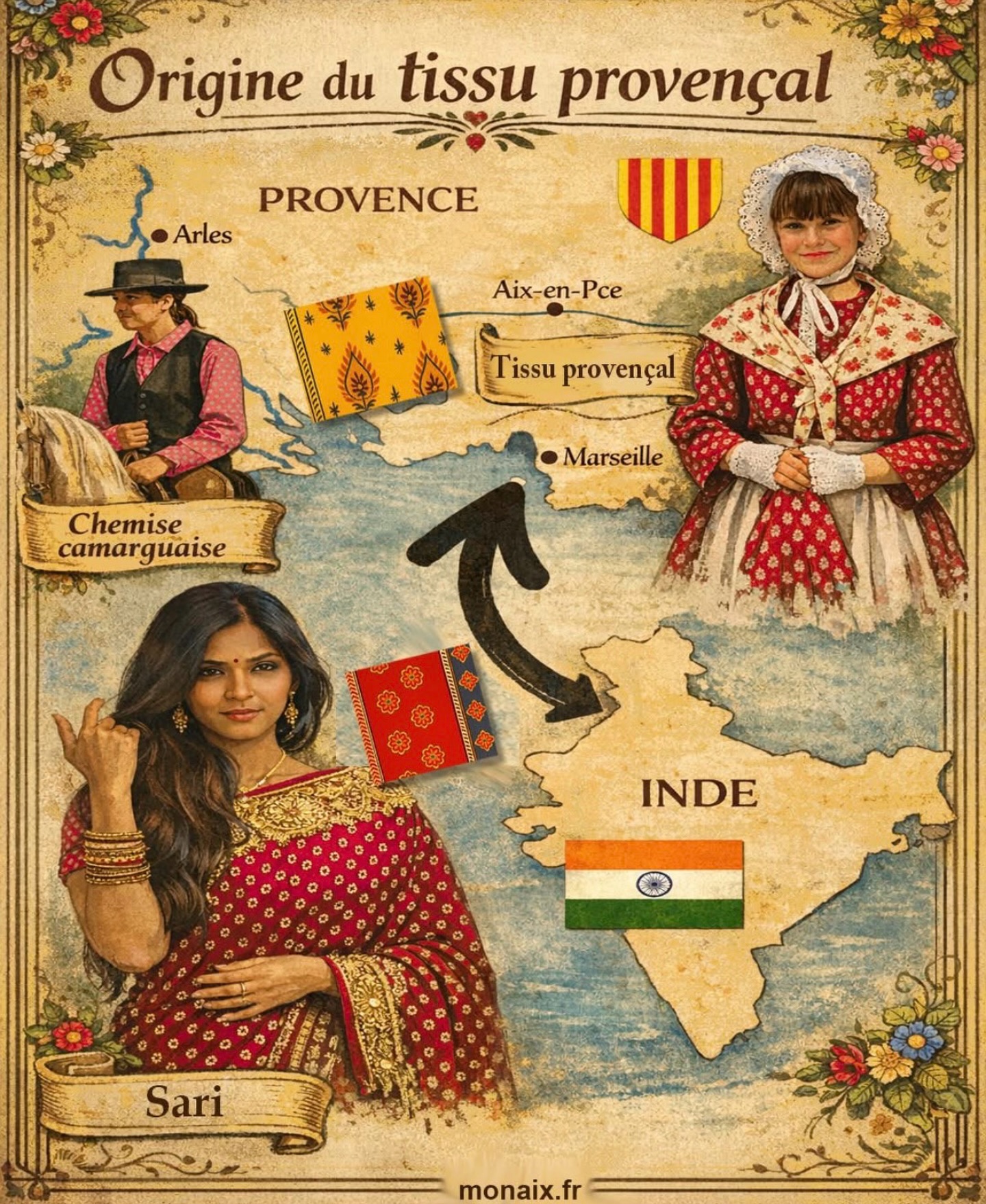 Le tissu provençal vient d’Inde… et son histoire est fascinante 🇮🇳🇫🇷
Du sari indien à la chemise camarguaise : le voyage du tissu provençal, grâce à Marseille, la porte d’entrée de l’Asie.
Derrière les motifs fleuris du tissu provençal se cache une histoire de voyages et de rencontres entre les cultures.
Dès le XVIIᵉ siècle, des cotonnades imprimées venues d’Inde arrivent au port de Marseille. Appelées chintz ou indiennes, ces étoffes fascinent par leurs couleurs, leurs motifs végétaux et leur résistance exceptionnelle au lavage.
Produits dans les grands centres textiles indiens ces tissus inspirent rapidement les artisans provençaux.
Marseille devient alors un important lieu de fabrication : les motifs sont adaptés au goût local et donnent naissance 𝗮𝘂𝘅 𝗶𝗻𝗱𝗶𝗲𝗻𝗻𝗲𝘀 de Marseille, ancêtres du tissu provençal.
🧵 𝗥𝗼̂𝗹𝗲 𝗱𝗲𝘀 𝗔𝗿𝗺𝗲́𝗻𝗶𝗲𝗻𝘀 𝗱𝗲 𝗠𝗮𝗿𝘀𝗲𝗶𝗹𝗹𝗲
Marchands et artisans du textile, installés dans la cité portuaire, jouent un rôle essentiel dans cette transmission. Intermédiaires entre Orient et Méditerranée, ils participent à l’importation des cotons, à la diffusion des techniques de teinture et au développement des premières manufactures locales.
🐎 𝗟𝗮 𝗰𝗵𝗲𝗺𝗶𝘀𝗲 𝗰𝗮𝗺𝗮𝗿𝗴𝘂𝗮𝗶𝘀𝗲
Au XIXᵉ siècle, ces cotonnades résistantes deviennent idéales pour la chemise des gardians : légère, solide et adaptée au travail à cheval. Le tissu provençal quitte alors les maisons bourgeoises pour rejoindre la vie rurale camarguaise.
#Provence #TissuProvençal #Indiennes #Marseille #Camargue histoiredutextile FDM Provence