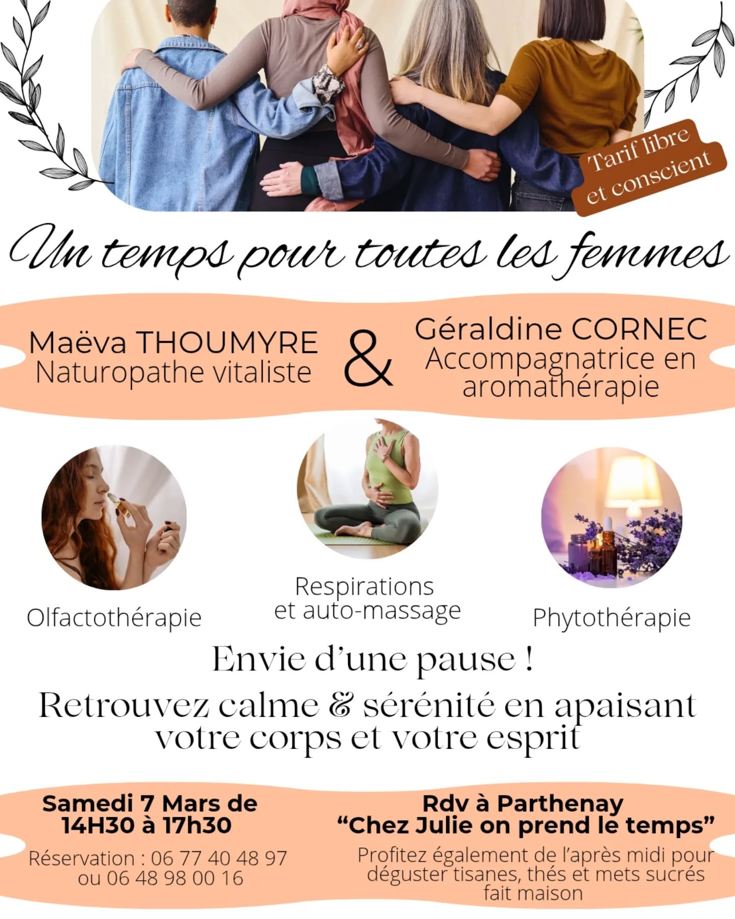 A l'occasion de la journée internationale des droits des femmes je vous propose, accompagnée de Géraldine, un vrai moment de relaxation !
🍃 Respiration, auto-massage, olfactothérapie nous vous livrerons tous nos conseils pour ralentir et relâcher toutes les tensions !
Cet atelier de 30 minutes est ouvert à toutes : adolescentes, jeunes femmes, mamans, mamies nous avons toutes besoin d'une parenthèse.
Pour parfaire ce moment et commencer en beauté @chezjulieonprendletemps vous propose un brunch 🍴(SUR RÉSERVATION) pour régaler vos papilles 😋 avec des produits sains et faits maison.
N'hésitez pas à réserver votre brunch et votre moment de détente afin de profiter de cette journée de bien être !
#atelierrelaxation #olfactothérapie #pourtouteslesfemmes