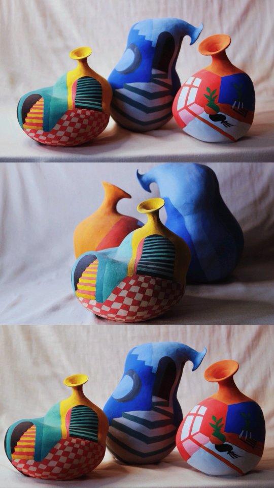 A painting project that kept on giving. I made these forms to have a sample group for some painting ideas I wanted to try out on asymmetrical forms. The variations deserve this little collage montage.
#artist #handpainted #ceramicstudio #ceramic #handcraft