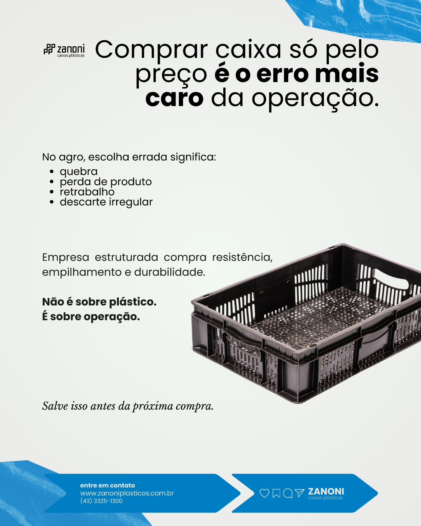 Comprar caixa só pelo preço é o erro mais caro da operação.
O que parece economia no início, vira prejuízo no dia a dia:
❌ Quebra
❌ Perda de produto
❌ Retrabalho
❌ Descarte irregular
Empresa estruturada não compra “plástico”.
Compra resistência, empilhamento seguro e durabilidade comprovada.
📦 Não é sobre caixa.
É sobre operação funcionando sem falhas.
⚠️ Salve isso antes da próxima compra.
Na Zanoni Caixas Plásticas, decisão técnica vem antes do preço.
#GestãoOperacional #LogísticaInteligente #ReduçãoDeCustos #ComprasEstratégicas #CaixaPlástica