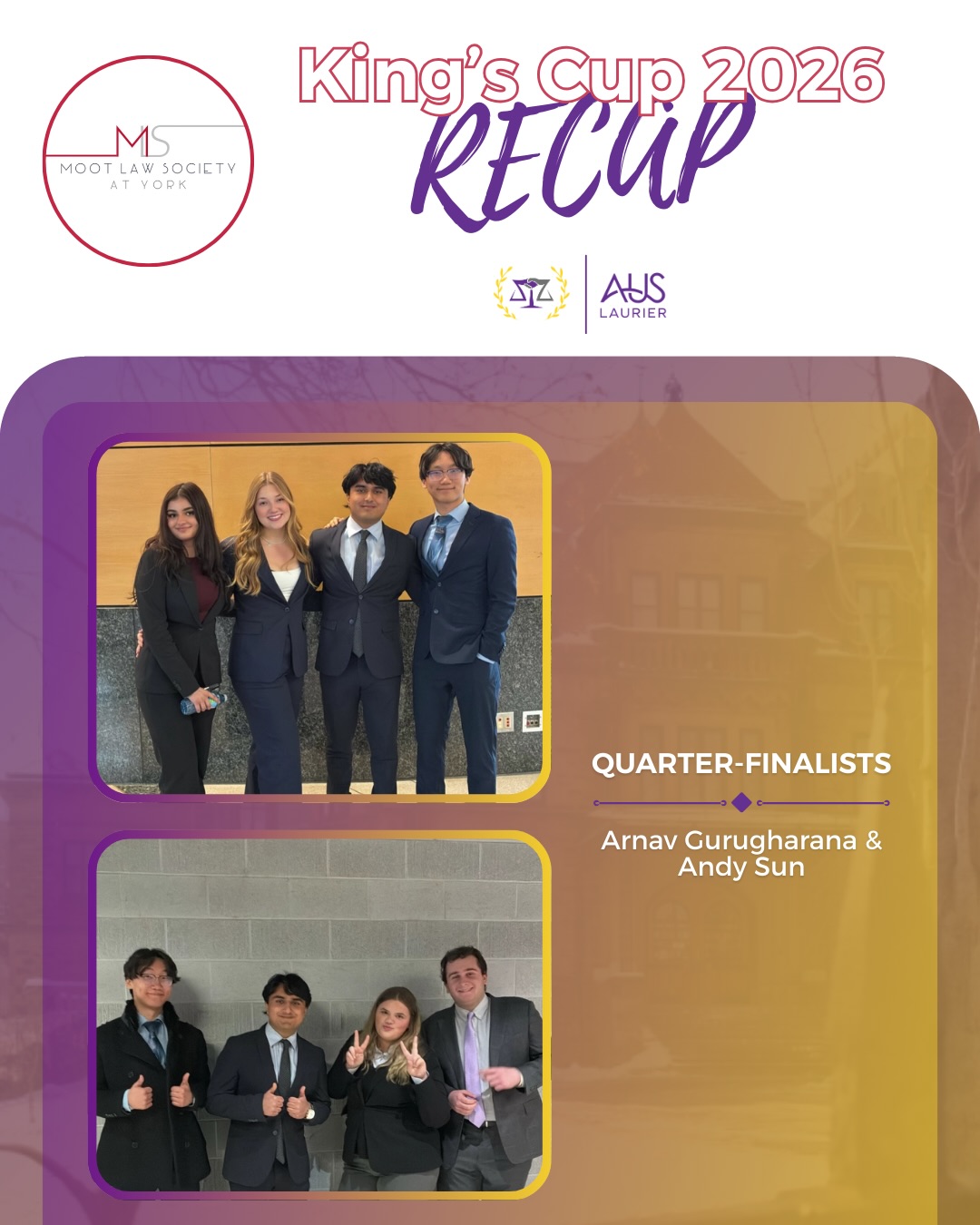 Our second competition was @mootlawyork King’s Cup!
LMC had a team make it two day two here as well! 💜💛
Congratulations to our Quarter-Finalists Arnav Gurugharana and Andy Sun ✨🏆
We are so proud of all our teams!
And thank you to @mootlawyork for an amazing tournament!