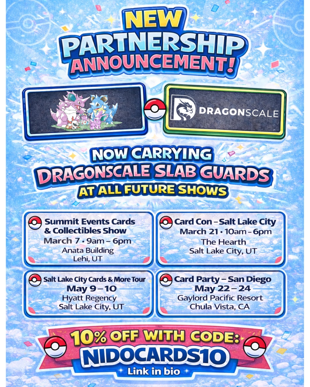 We’re excited to announce that Nido Cards & Collectibles is now a Brand Ambassador for @dragonscalesupplies 🐉
If you care about protecting your slabs, you’re going to want to check these out.
Starting now you’ll be able to grab Dragonscale Slab Guards directly from us at upcoming shows:
📍 Summit Events Cards & Collectibles Show
March 7 • 9am–6pm
Anata Building
Lehi, UT
📍 Card Con — Salt Lake City
@mondragon.151
March 21 • 10am–6pm
The Hearth
Salt Lake City, UT
📍 Salt Lake City Cards & More Tour
@cardsandmoretour
May 9–10
Hyatt Regency
Salt Lake City, UT
📍 Card Party — San Diego
@cardpartyhq
May 22–24
Gaylord Pacific Resort
Chula Vista, CA
And if you can’t make it to a show 👇
Use code NIDOCARDS10 for 10% off on the @dragonscalesupplies website (link in bio).
Come say hi at the shows and check them out in person.
What’s your favorite slab in your collection right now? 👇
#PokemonCards #PokemonTCG #TCGCollector #TradingCards #CardCollectors #PokemonCollector #dragonscalesupplies