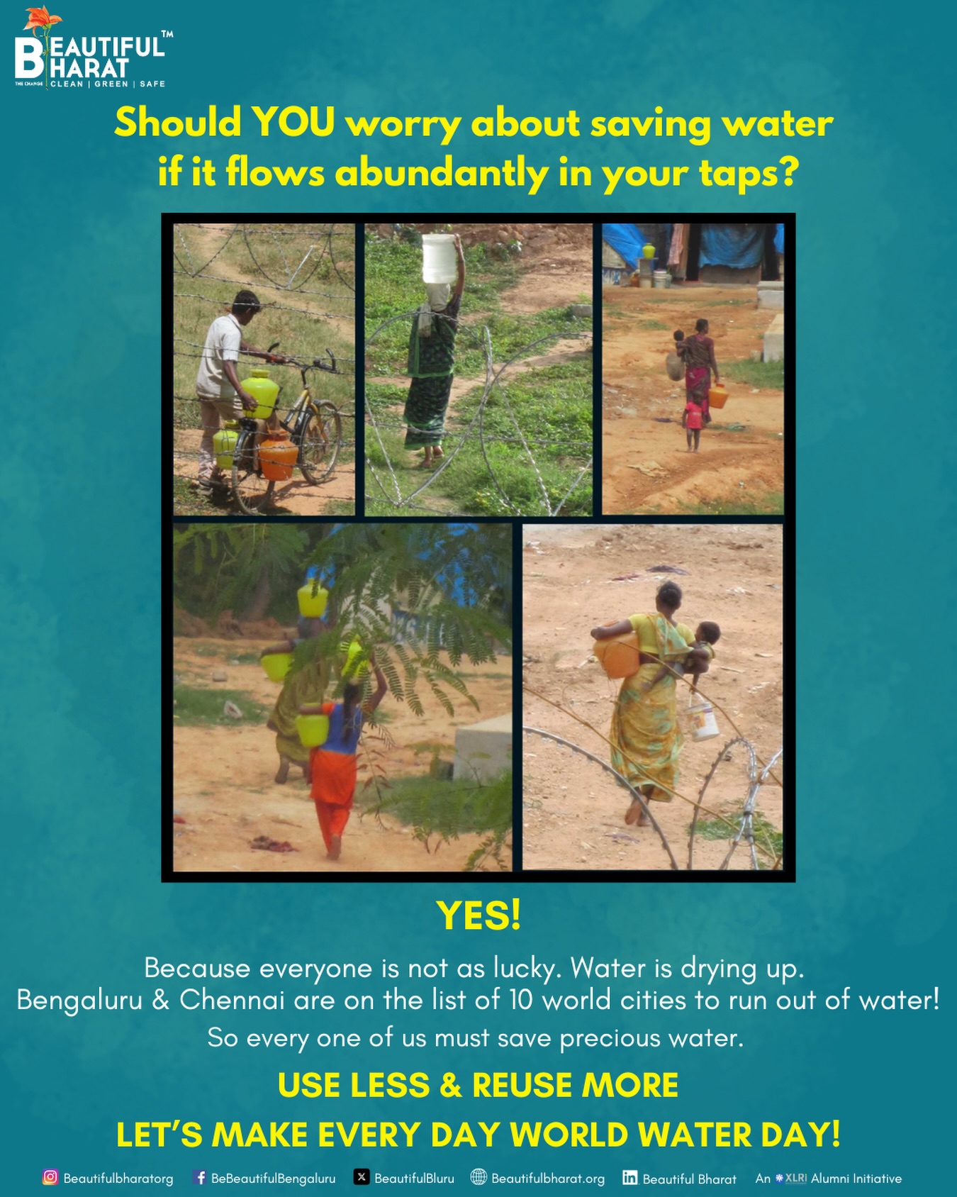 💧Save Water💧
Day 3 message: It is critical to save water even if it flows abundantly in your taps; everyone isn’t as lucky!
Images in the poster are everyday scenes in parts of our cities and towns, clicked by @odettekatrak
Let’s use this shared resource of water mindfully. Stay tuned as we examine the problems and solutions over the coming month.
#SaveWater #PreciousWater #UseLess #ReuseMore #WorldWaterDay