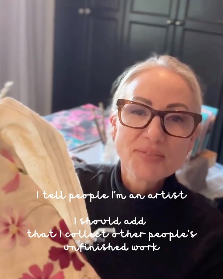 I found this unfinished embroidery project at a thrift store and there was something so moving about the hand painted flowers, the loose threads, the needle left in the canvas, and the tiny, even, steady stitches: it reminded me of my Mom and how fragile and fleeting life is, and for now this hangs above my work table, as a tribute to time and fragile fleeting moments and work that is still to be done - have you ever thought about how precious handmade things are? That they’re proof of a life lived. That when we collect things that are made by hand we also holding someone’s hours, their attention, the ordinary days they spend in their studios - doesn’t it bring a beautiful yet fragile continuity to life?
#doitfortheprocess #marchmeetthemaker2026 #dothe100dayproject2026