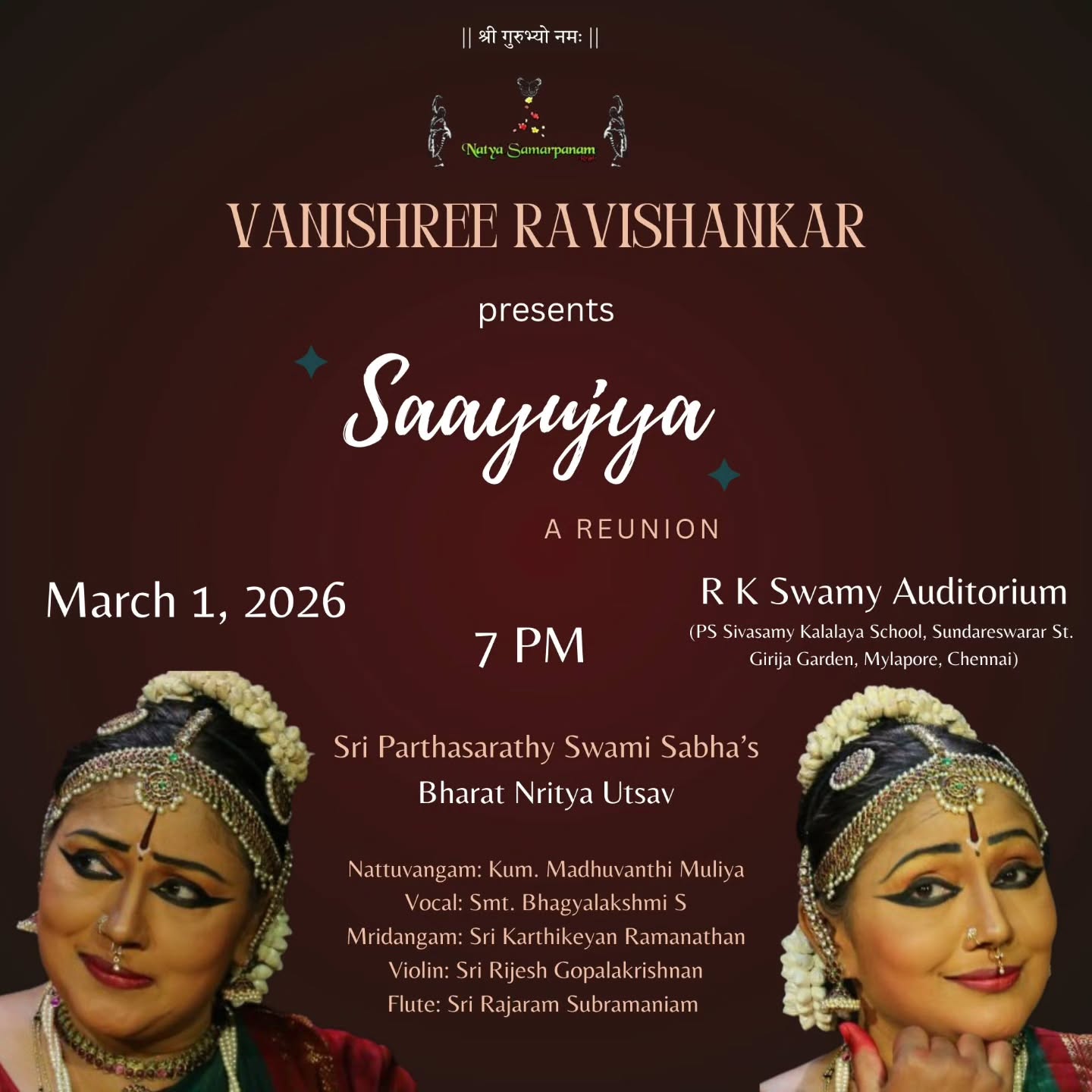 Namaskaram!
We, the students of Natya Samarpanam, are elated and excited to invite you to our beloved Guru's solo recital after nearly a decade.
She will be presenting a curated maargam, a thematic storyline, Saayuja, a reunion - traversing multiple layers of a single thought.
She will be accompanied by an excellent musical ensemble at 7 PM tomorrow (Sunday) under the auspices of Sri Parthasarathy Swami Sabha at RK Swamy Auditorium, Mylapore.
Looking forward to your lovely presence! 🙏
e-invite by @madhuvanthi.muliya