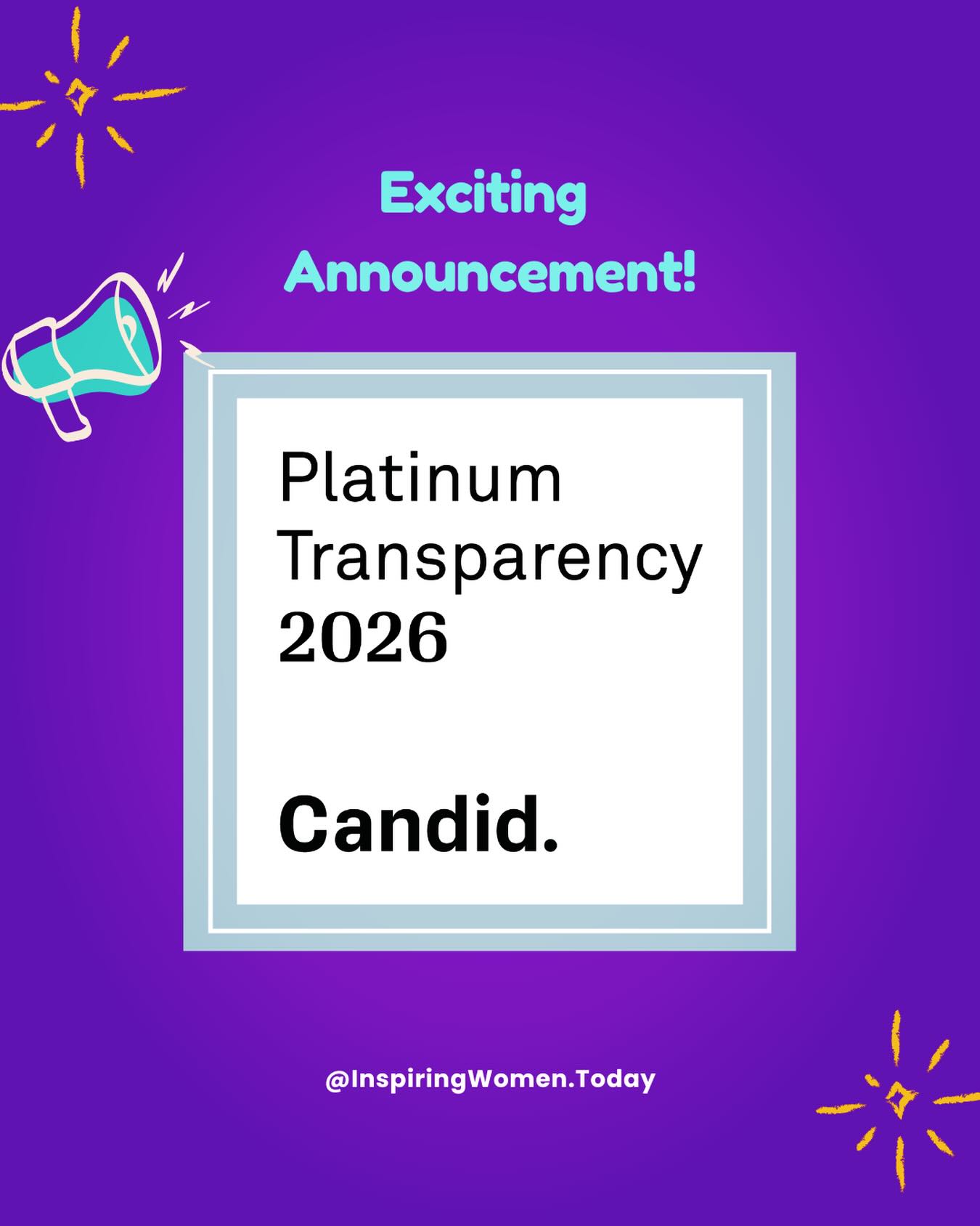 Yay! We’ve earned the 2026 Platinum Seal of Transparency from @candiddotorg!
What does this mean? It means @InspiringWomen.Today is going above and beyond in our commitment to openness, integrity, and impact.
The Platinum Seal is the highest level of recognition a nonprofit can receive for sharing in-depth details about our mission, programs, strategic goals, and measurable results.
Transparency builds trust. When you support us, you deserve to know exactly how your generosity is helping us empower the community and drive change.
Visit the link in our bio to check out our candid nonprofit profile.
#inspiringwomentoday #candid #texasnonprofit