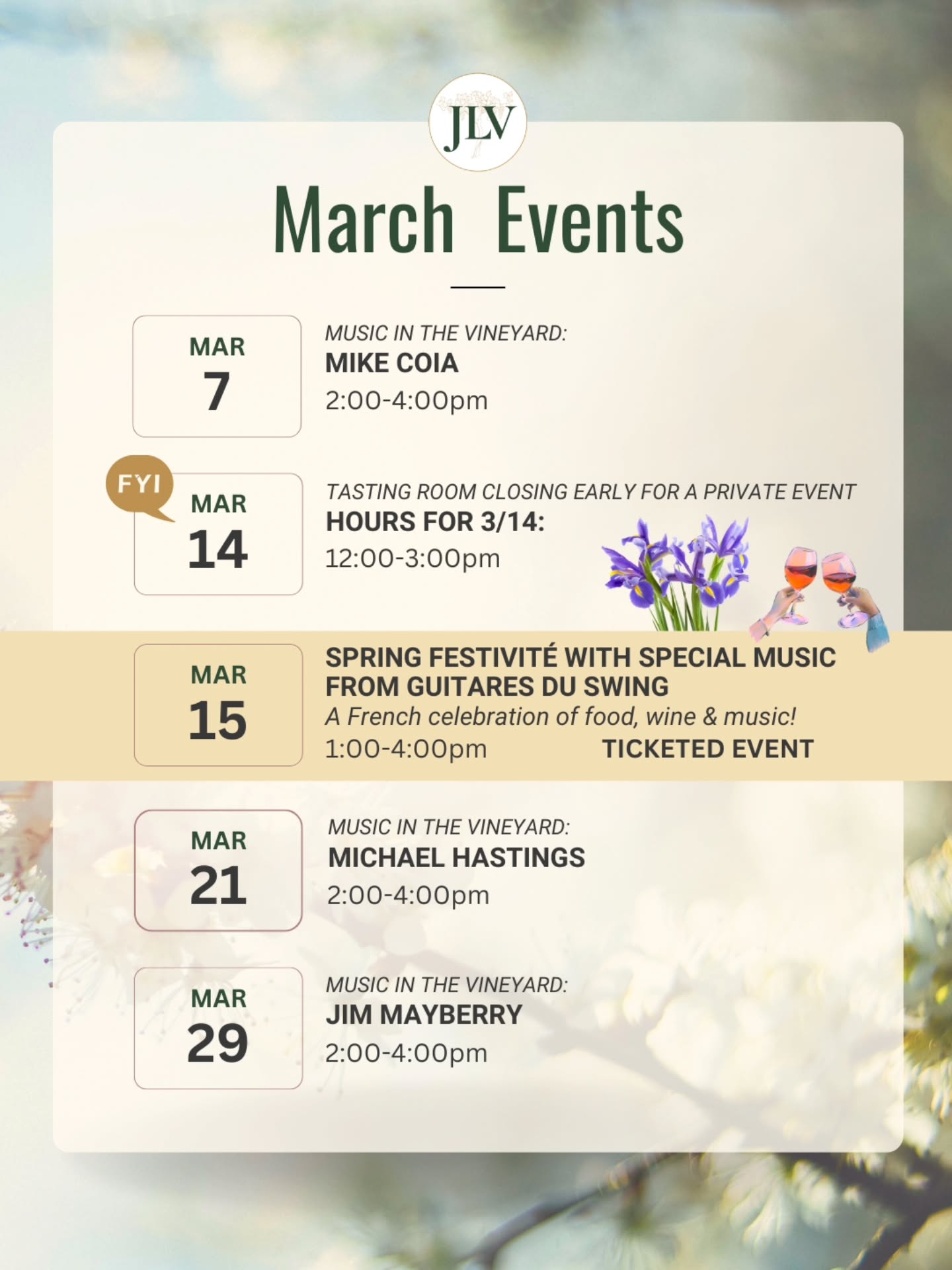 Hello March. ☘️🥂
We have some exciting things planned for you! Full list of events on our website:
www.juniuslindsay.com/jlv-events