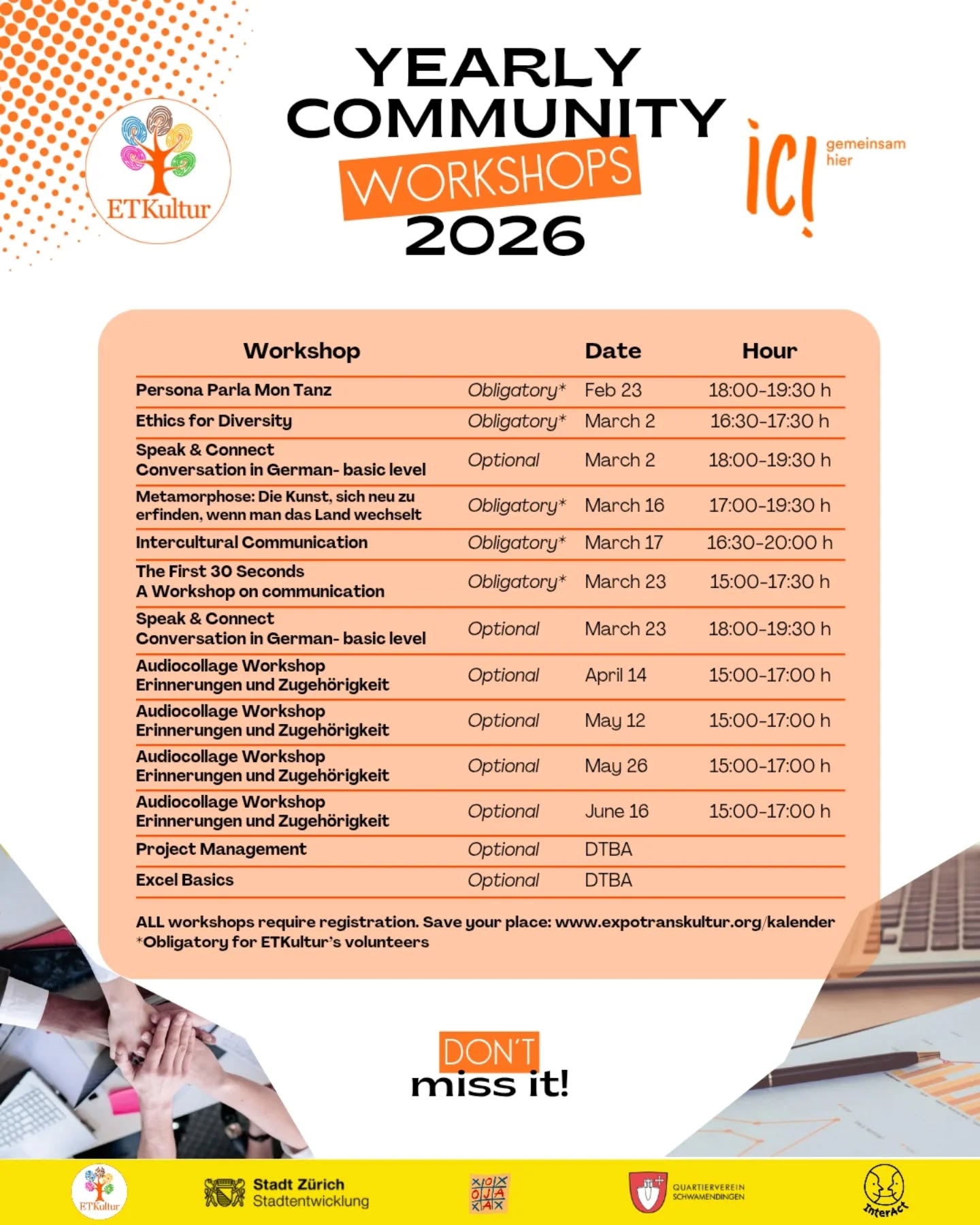 Der Workshop-Kalender ist online!
Schau dir die Termine an und informiere dich über die einzelnen Workshops.
Für alle Workshops ist eine Anmeldung erforderlich.
Bitte gib deinen Namen genau so an, wie er auf deinem Zertifikat erscheinen soll.
Sichere dir deinen Platz und sei dabei!
----
Our workshop calendar is now available!
Check the dates and explore each workshop in detail.
All workshops require registration.
Please make sure to write your name exactly as you would like it to appear on your certificate.
Secure your spot and join us!
----
¡Ya está disponible el calendario de talleres Change Makers!
Consulta las fechas y descubre cada taller en detalle.
Todos los talleres requieren registro previo.
Por favor, escribe tu nombre exactamente como deseas que aparezca en tu certificado.
¡Reserva tu lugar y acompáñanos!
#ETKultur #volunteersmakeadifference #icigemeinsamhier #workshop #integrationstadtzürich