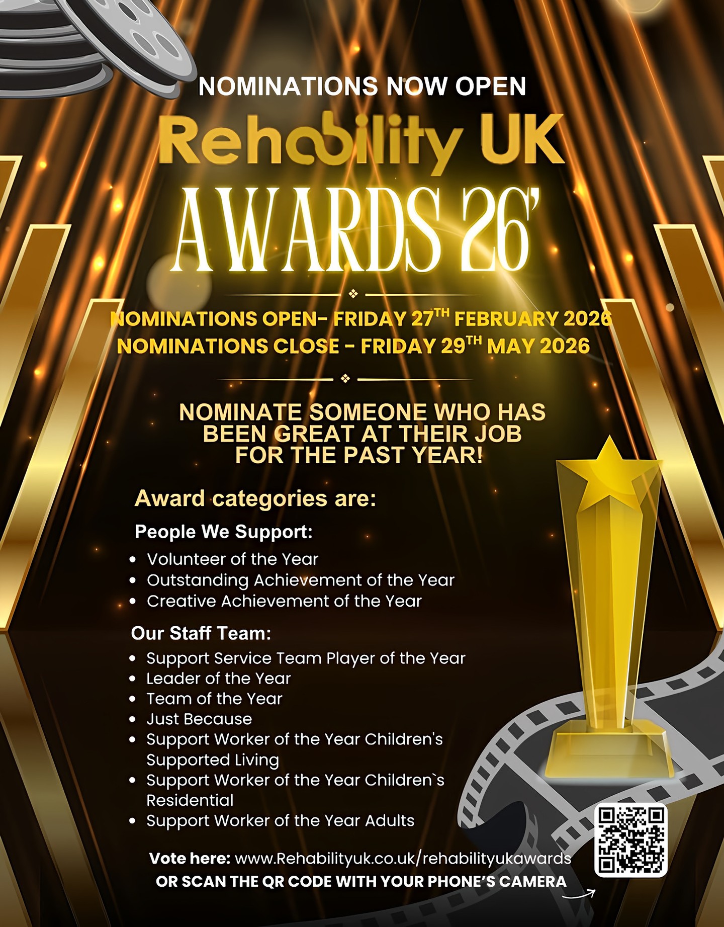 The Rehability UK Awards 2026 are officially open 🎉
Today, 27th April 2026, nominations are now live and we’re kicking things off by sharing some special moments from our 2025 Awards in this slideshow ✨
Take a look through last year’s celebrations… and think about who deserves to be recognised in 2026.
📅 Nominations close: Friday 29th May 2026
If someone has gone above and beyond this past year, now is the time to nominate them.
Award Categories
People We Support:
• Volunteer of the Year
• Outstanding Achievement of the Year
• Creative Achievement of the Year
Our Staff Team:
• Support Service Team Player of the Year
• Leader of the Year
• Team of the Year
• Just Because
• Support Worker of the Year – Children’s Supported Living
• Support Worker of the Year – Children’s Residential
• Support Worker of the Year – Adults
Let’s celebrate the people who make a difference every single day.
👉 Cast your vote via the link in our bio or visit:
www.Rehabilityuk.co.uk/rehabilityukawards
