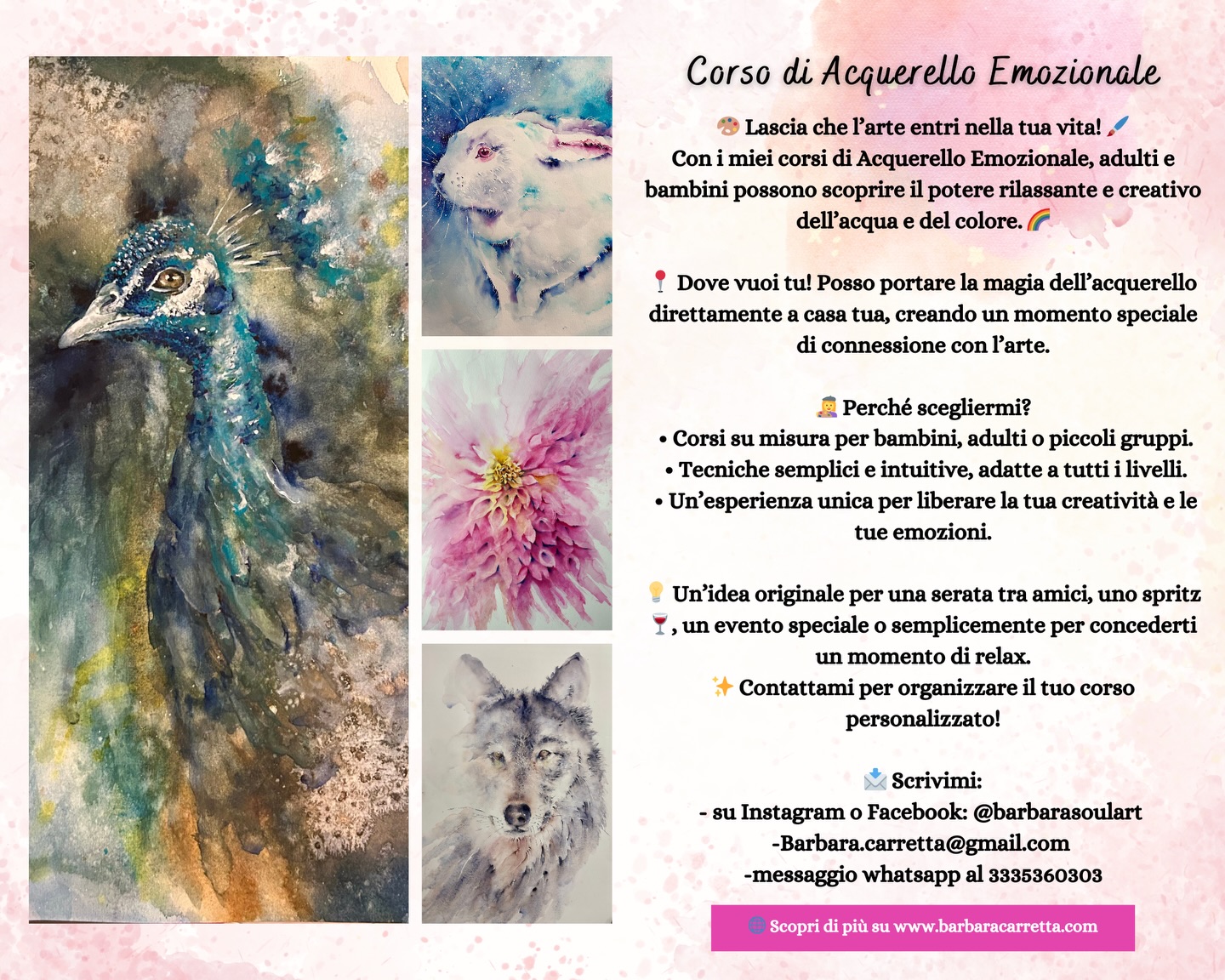 ✨ E se il colore fosse la strada per ritrovare te stesso? ✨
Spesso, tra la fretta e le aspettative, dimentichiamo quanto sia preziosa la nostra unicità.
Nei miei corsi di Acquerello Emozionale, non impariamo solo a “dipingere bene”, ma usiamo l’acqua e il pigmento per dare voce a ciò che abbiamo dentro.
Che tu sia un adulto in cerca di un momento di respiro o un bambino che vuole esplorare il mondo senza confini, l’acquerello è lo strumento perfetto per riscoprire la propria luce interiore. 🌟
🌿 L’arte ovunque la bellezza risieda:
Amo portare questa esperienza nei luoghi che sanno di terra e autenticità.
Per questo, collaboro volentieri con fattorie didattiche, agriturismi, ma anche biblioteche e strutture che vogliono offrire ai propri ospiti un laboratorio speciale: un’occasione per connettersi con la natura e con la propria creatività più profonda.
🌈 Cosa troverai nei miei corsi:
• Uno spazio protetto dove non esiste il giudizio.
• Tecniche intuitive per liberare l’emozione.
• Il piacere di vedere la tua unicità prendere forma sul foglio.
Trovi tutti i miei riferimenti nell’immagine! 👇
#acquerelloemozionale #CreativitàLibera #polverara #turismoesperienziale #laboratoricreativi