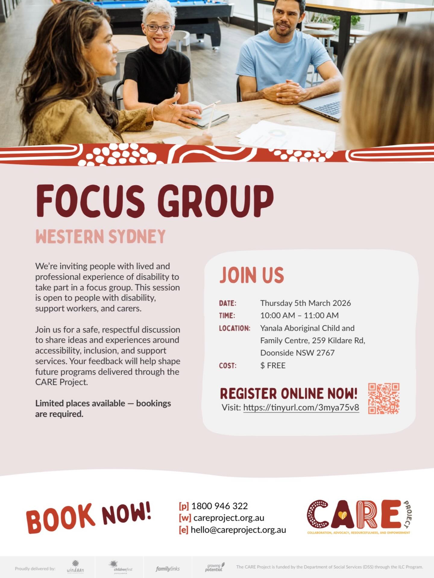The CARE Project is hosting a Focus Group at Yanala Aboriginal Child and Family Centre in Doonside.
If youโre a person with disability, carer, or support worker, this is your chance to share your voice and help shape future programs and services.
๐ Thursday 5 March 2026
โฐ 10:00amโ11:00am
๐ Yanala Aboriginal Child and Family Centre, Doonside
๐ฒ Free (limited spots โ registration required)
Register now: https://tinyurl.com/3mya75v8
#WesternSydney #CAREProject #CommunityVoice #InclusionMatters