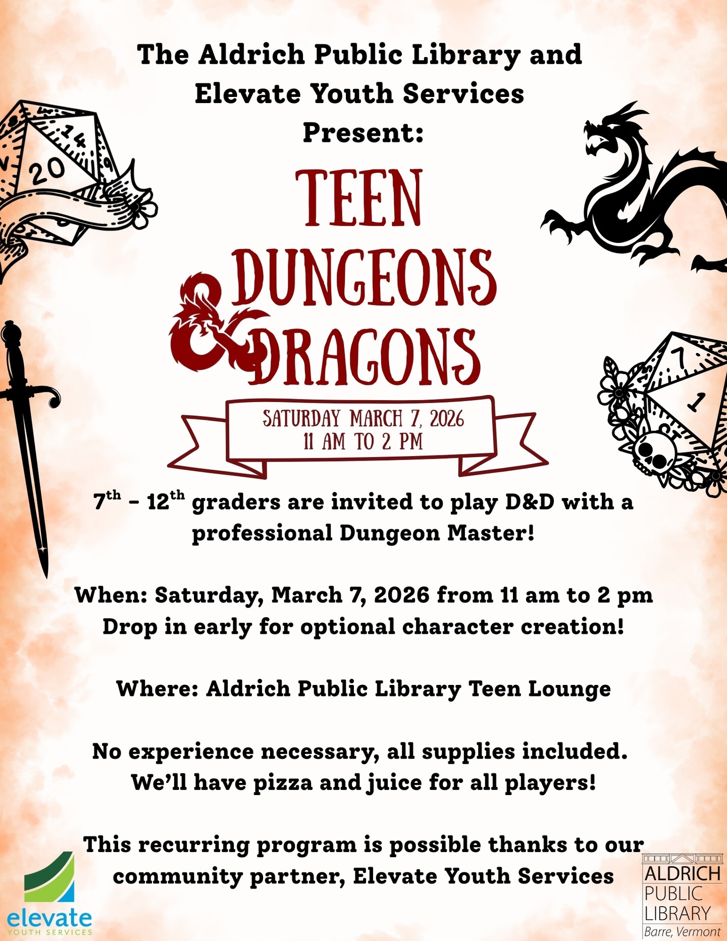 Students in grades 7–12 are invited to play Dungeons & Dragons with a professional Dungeon Master at the Aldrich Public Library! Arrive early for optional character creation—no experience necessary, and all supplies are provided. We’ll also have pizza and juice for all players. This recurring program is made possible thanks to our community partner, Elevate Youth Services. RSVP is encouraged by emailing Juliet at teen.desk@aldrichpubliclibrary.org.