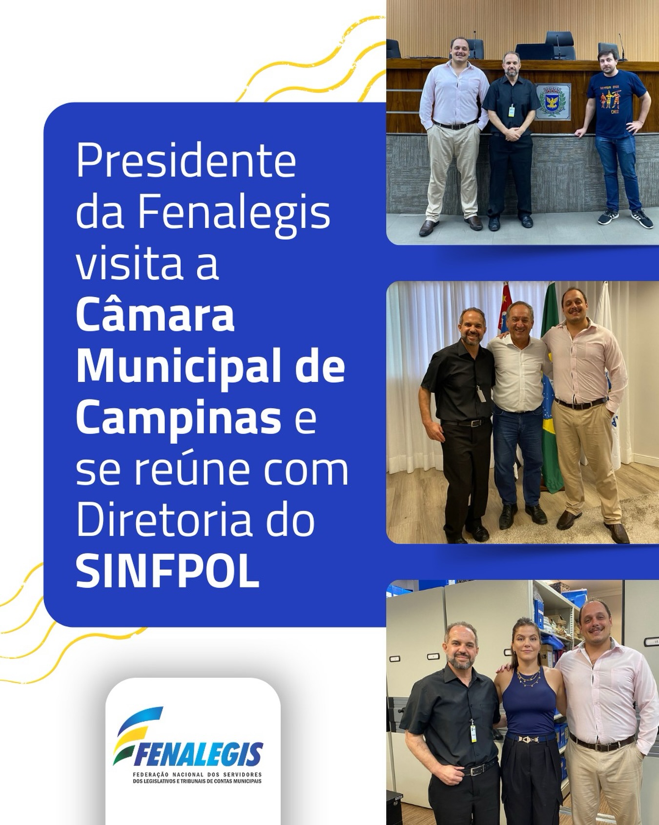No dia 25 de fevereiro, o presidente da Fenalegis, Eduardo Carrion, visitou a Câmara Municipal de Campinas e fez uma reunião importante com a Diretoria do SINFPOL (Sindicato dos Funcionários do Poder Legislativo de Campinas), em que debateram os projetos da nova diretoria da Federação, bem como da necessidade de troca de experiências entre as câmaras municipais do Brasil. 👥👤👥
O presidente do SINFPOL apresentou Carrion a diversos setores da Câmara, sempre indicando a Fenalegis como parceira e aliada na luta pelos direitos dos servidores. 🫱🏽🫲🏼
Na ocasião, o presidente da Câmara, vereador Luiz Rossini, recebeu Carrion que reafirmou a valorização dos servidores como peça fundamental para os bons serviços prestados à sociedade.
.....
Foto 1: Fábio Dias Vieira (Diretor Jurídico da Fenalegis e Presidente do SINFPOL), Eduardo Carrion (presidente Fenalegis) e Luís Fernando Nobile Junior (Diretor de Imprensa da Fenalegis)
Foto 2: Eduardo Carrion, Luiz Rossini - presidente da Câmara e Fábio Dias Vieira - Presidente do SINFPOL.
Foto 3: Eduardo Carrion, Jackeline Rebelo Corrêa de Oliveira (Diretora de Previdência da Fenalegis) e Fábio Dias Vieira ( Diretor Jurídico da Fenalegis e Presidente do SINFPOL)