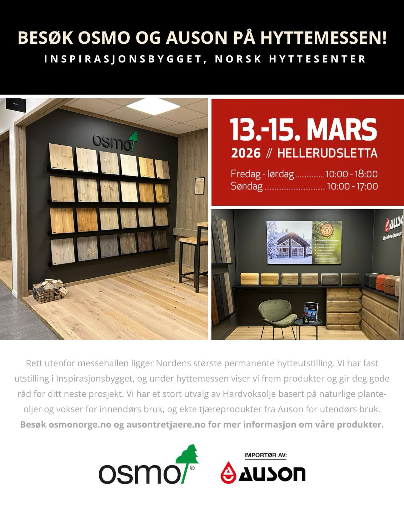 Møt Osmo og Auson på Hyttemessen 13.-15. mars 2026 i Inspirasjonsbygget! Vi viser frem produkter og gir deg gode råd for ditt neste prosjekt! @hyttemessen @norskhyttesenter @xmeetingpoint