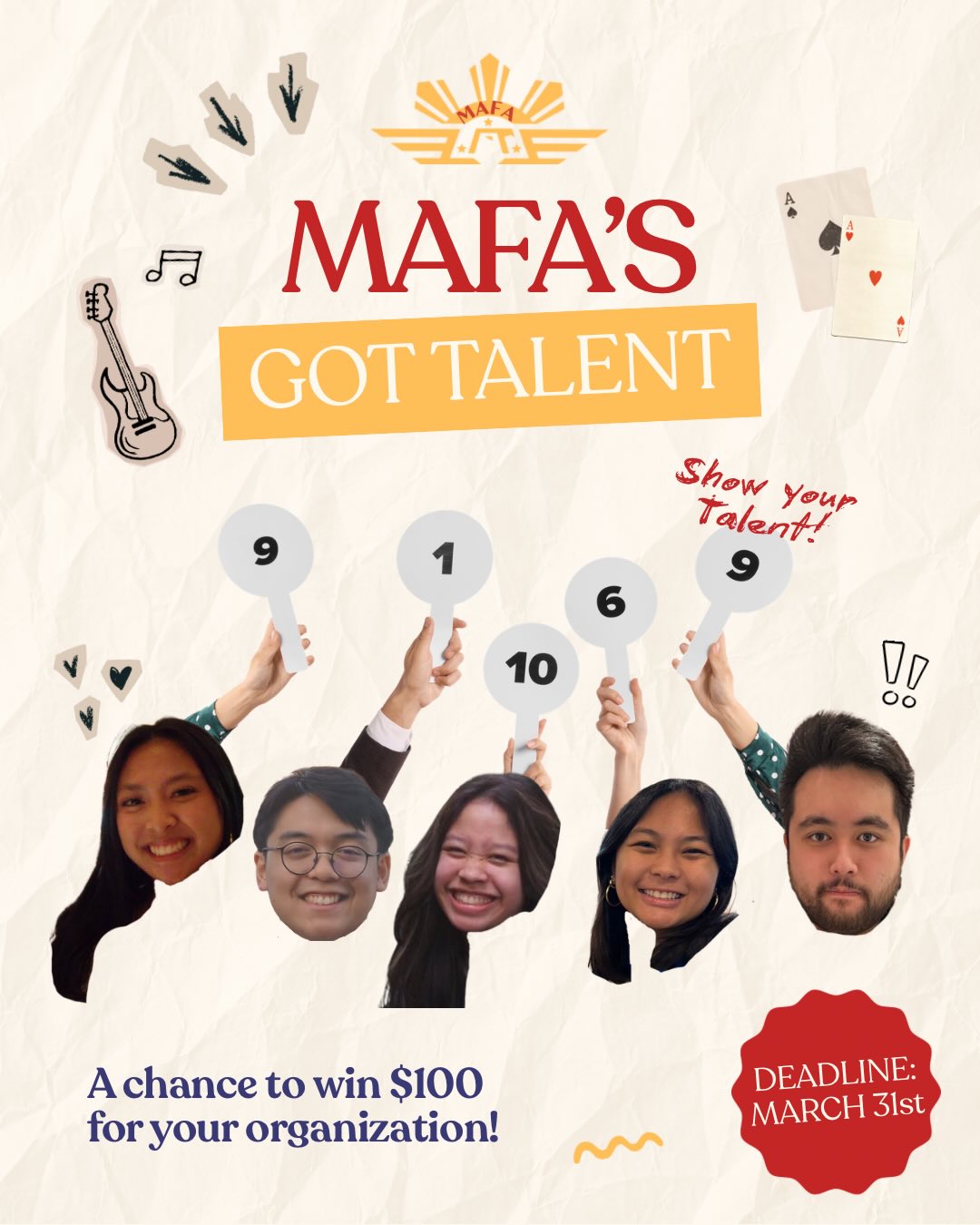 Think you’ve got what it takes to be MAFA’s next big star? ⭐️
Your moment is now! Sign up for MAFA’s Got Talent and compete to win $100 for your org! 🎶🎤
Scan the QR code or hit our LinkTree to join. Deadline is Tuesday, March 31! You don’t want to miss out!
For any questions, feel free to contact us at wearemafa@gmail.com